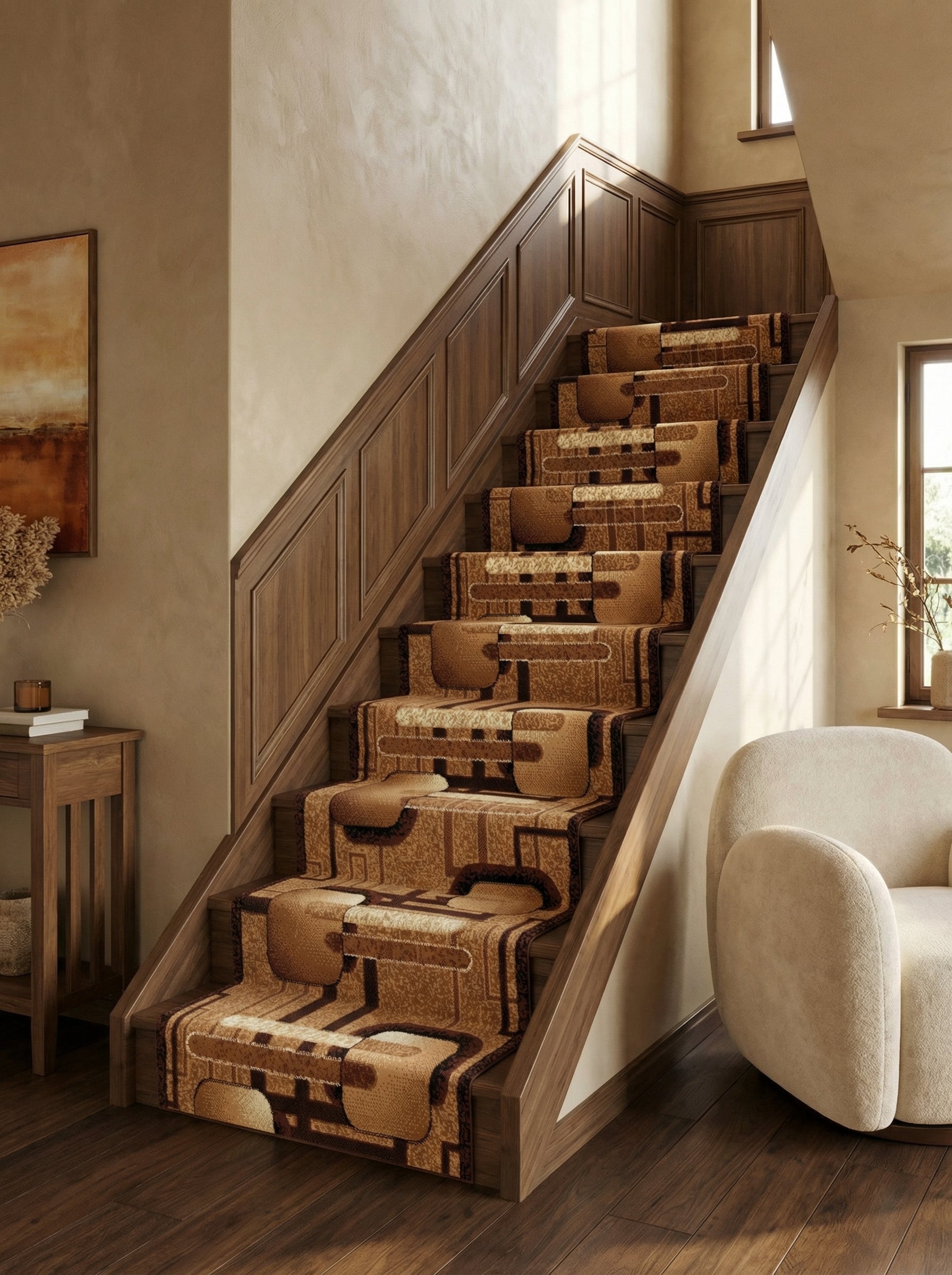 Tapis d'escalier marron, beige et crème aux motifs géométriques abstraits et arrondis, recouvrant des marches en bois dans un hall