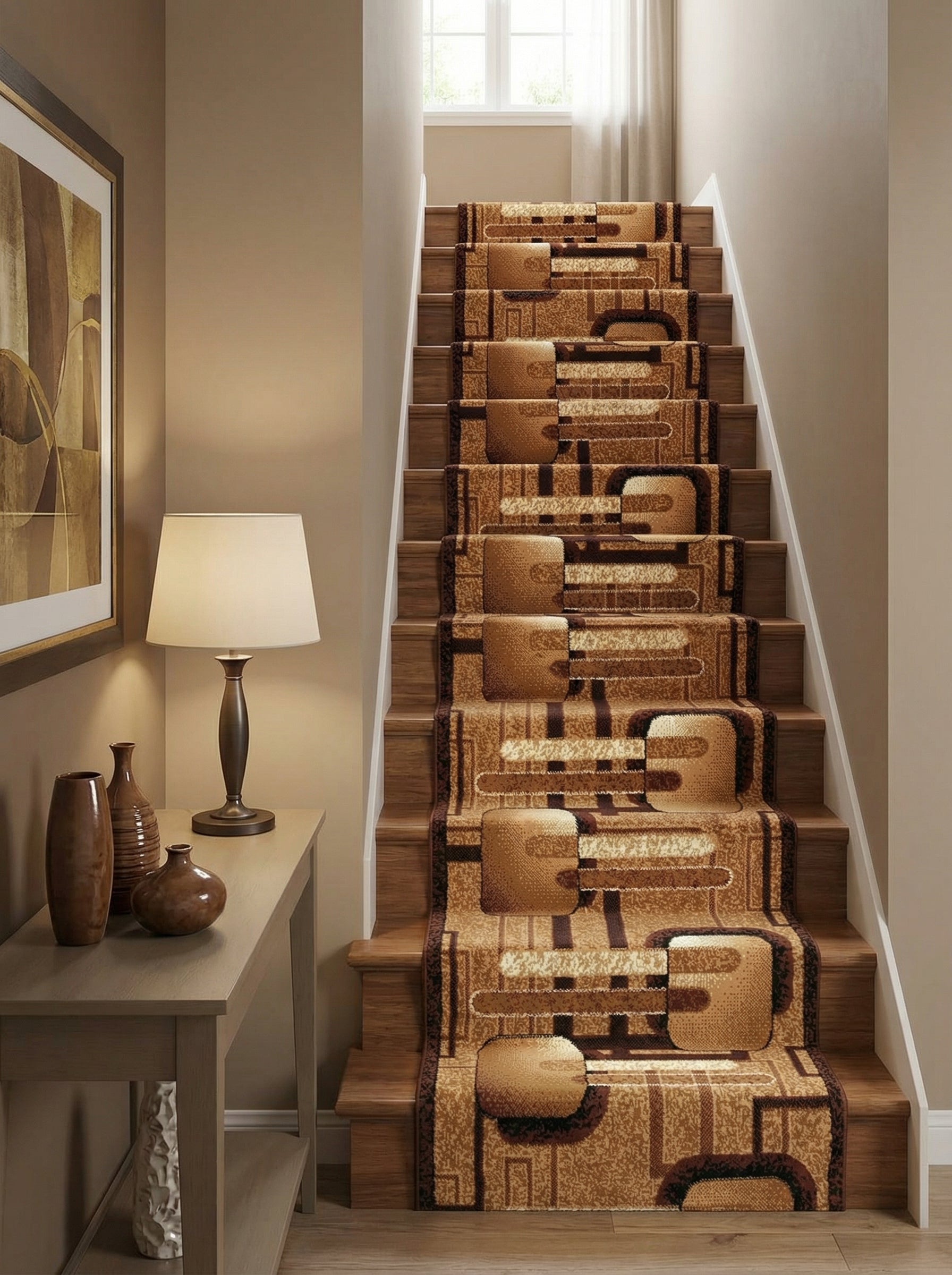 Tapis d'escalier aux motifs géométriques abstraits marron et beige sur des marches en bois, dans un hall d'entrée