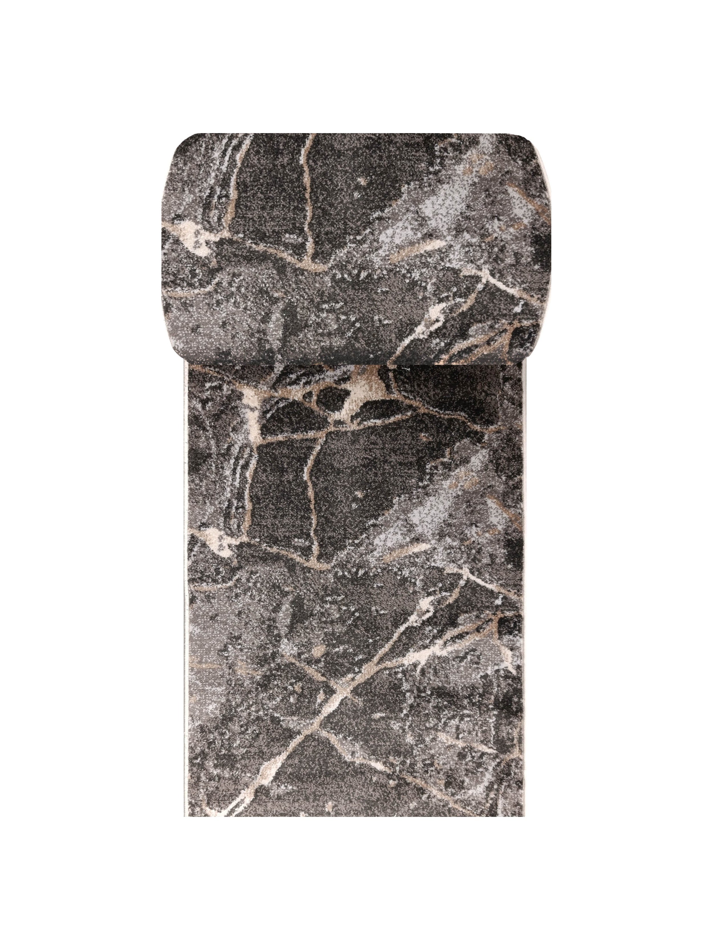 Tapis rectangulaire gris foncé à motif marbré avec des veines claires et beiges, partiellement roulé sur le dessus