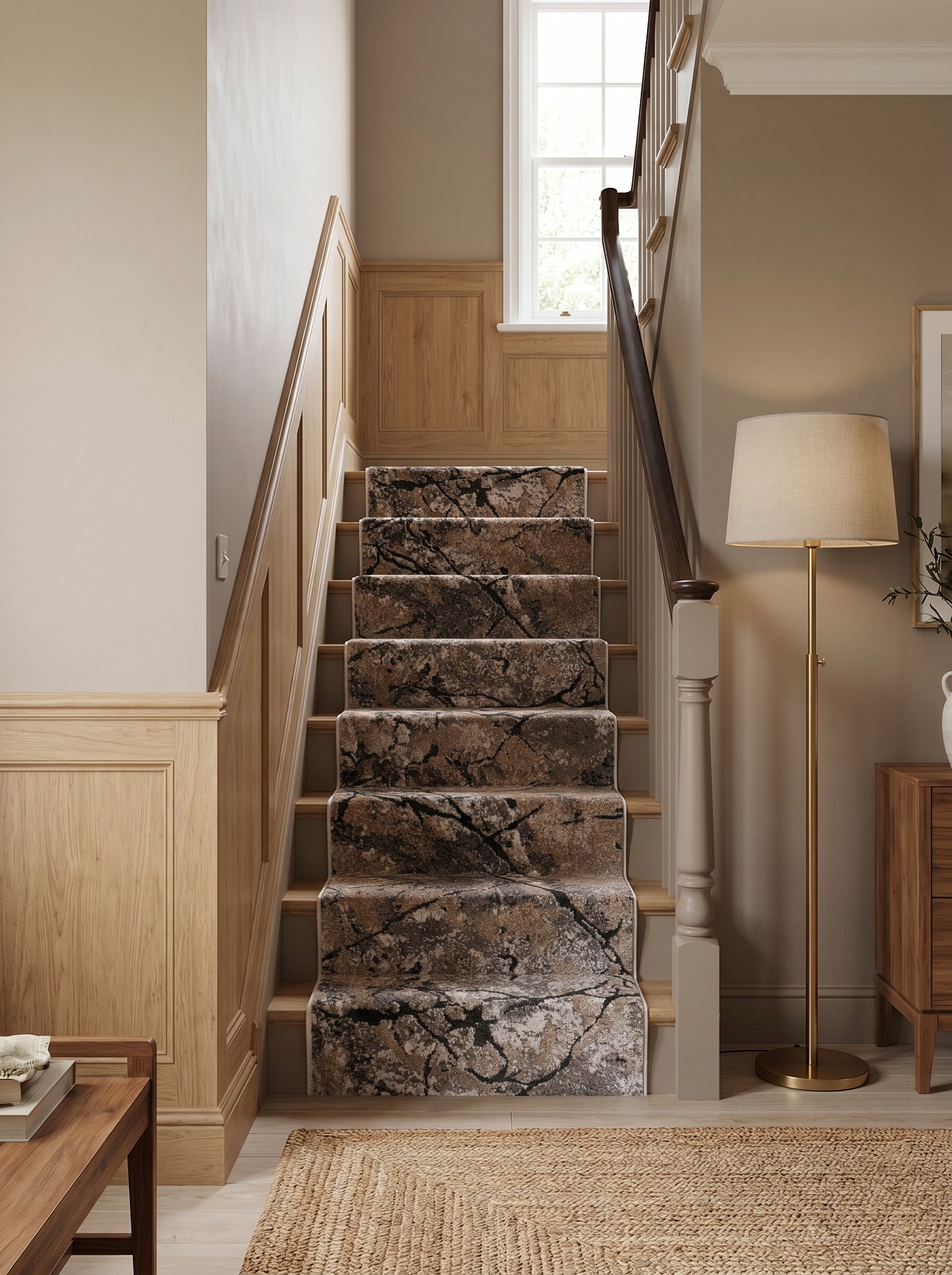 Tapis d'escalier à motifs d'aspect pierre marbrée brun, gris et noir, posé sur les marches d'une cage d'escalier
