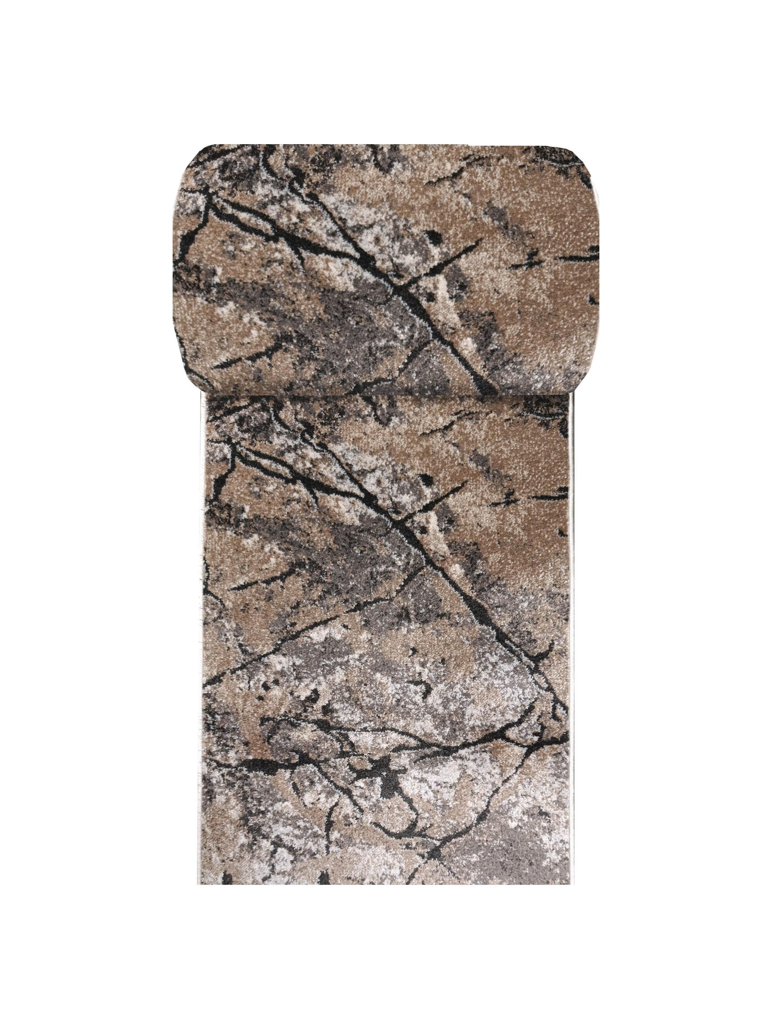 Tapis rectangulaire beige, gris et noir avec un motif abstrait rappelant des craquelures de pierre et une extrémité arrondie