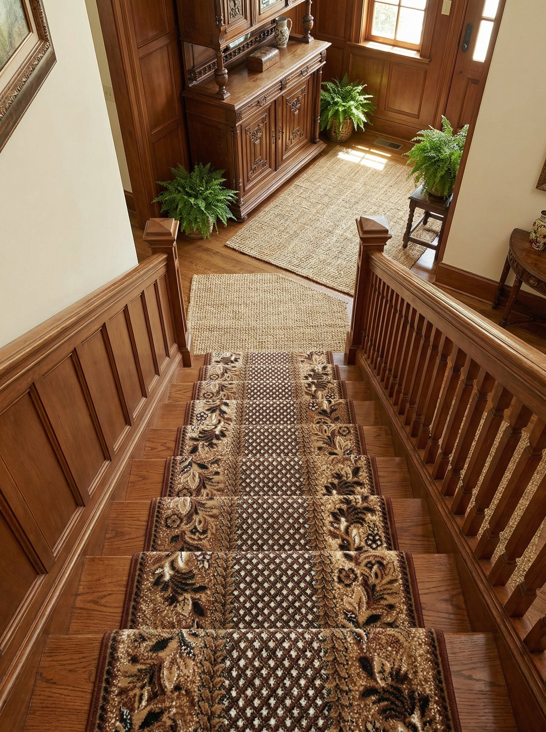 Tapis d'escalier beige et brun à motifs floraux et géométriques, avec un tapis en jute clair au sol d'une entrée boisée
