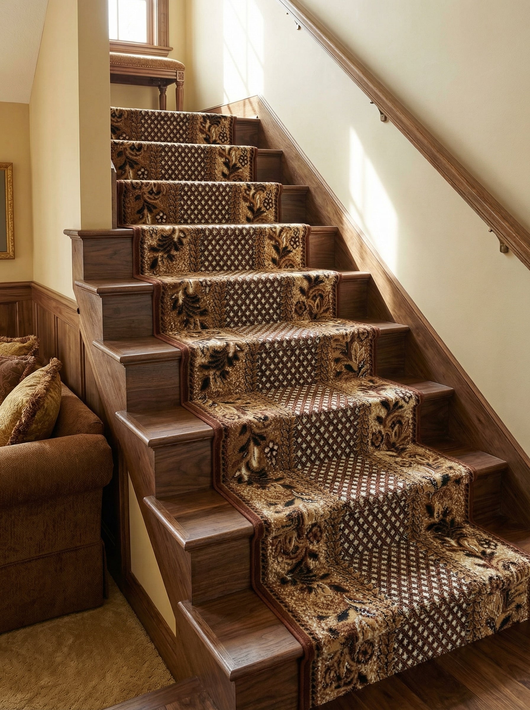 Tapis d'escalier en moquette beige et marron avec motifs floraux et géométriques, posé sur des marches en bois dans un salon