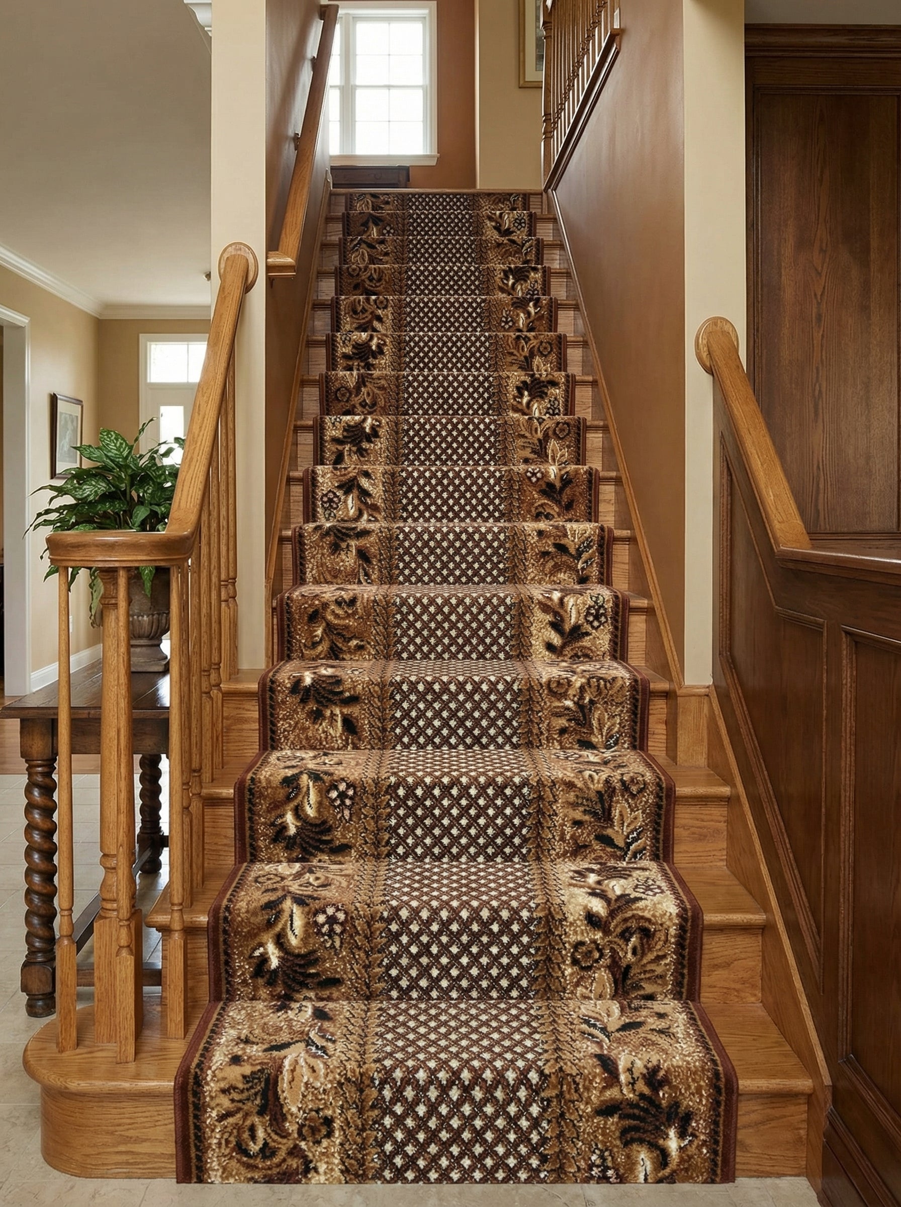 Tapis d'escalier marron et beige avec motifs floraux ornés et carrés géométriques alternés, posé sur un escalier en bois clair dans une entrée