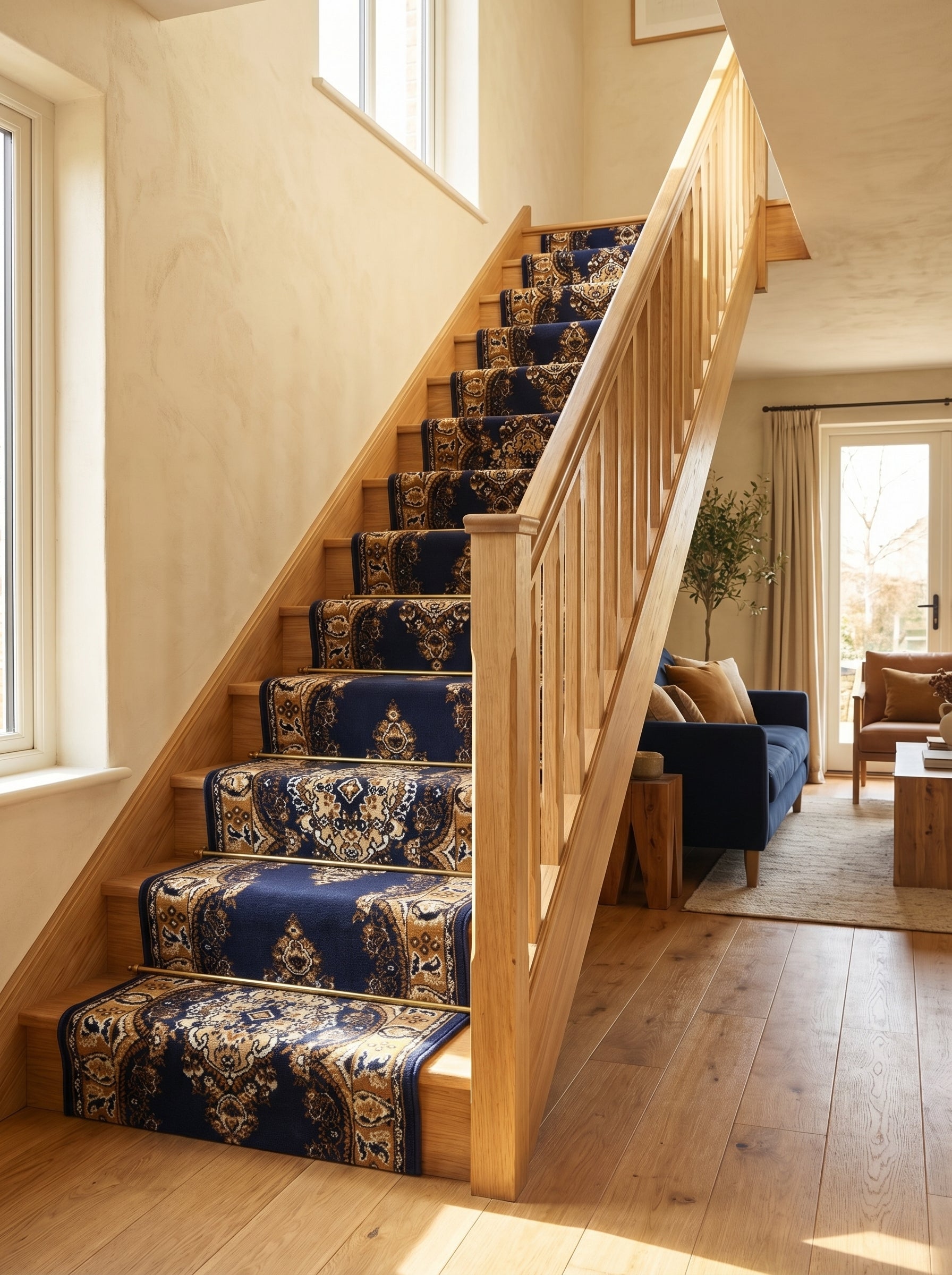 Tapis d'escalier bleu marine orné de riches motifs floraux dorés et beiges, maintenu par des barres dorées, sur un escalier en bois clair d'un hall