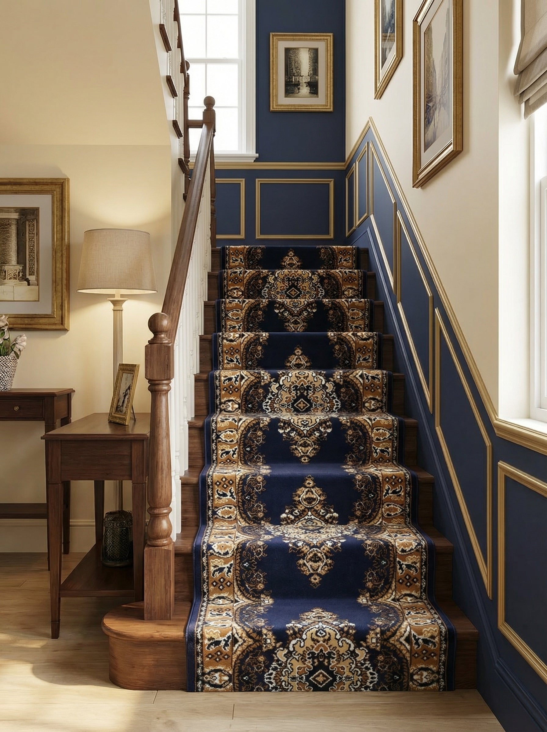 Tapis d'escalier bleu marine et or, à motifs classiques et complexes, habillant un escalier en bois dans un hall d'entrée raffiné