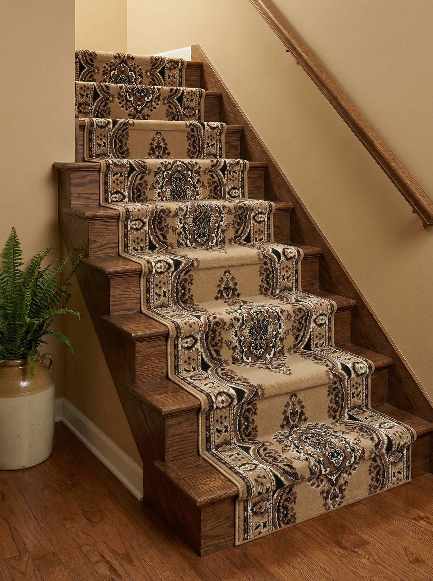 Tapis d'escalier beige à motifs orientaux bruns, noirs et crème, posé sur des marches en bois dans une entrée