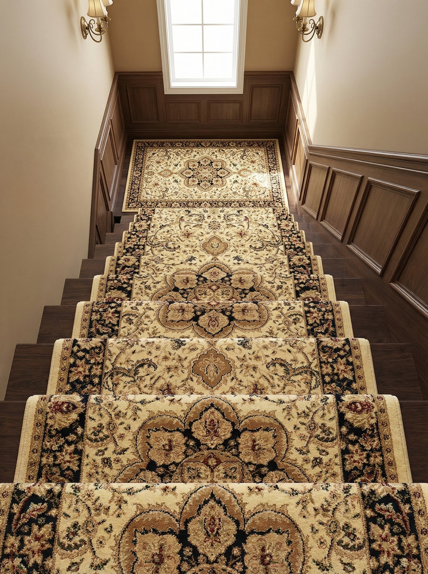 Tapis d'escalier crème aux motifs floraux et médaillons noirs, dorés, bordeaux, sur un escalier en bois foncé d'une entrée élégante