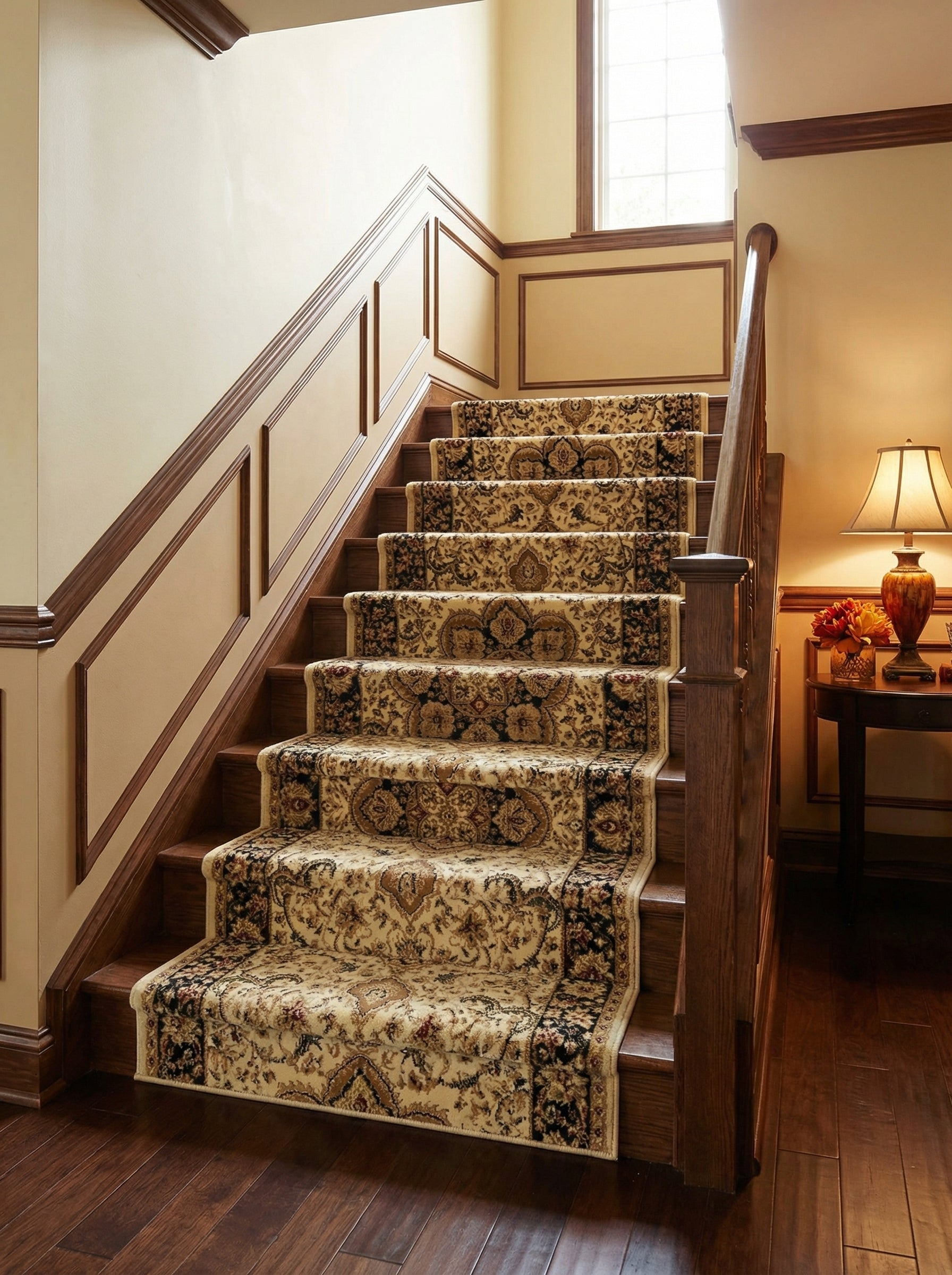 Tapis d'escalier crème à motifs floraux et médaillons dorés et noirs, bordé de frises foncées, sur des marches en bois dans un hall
