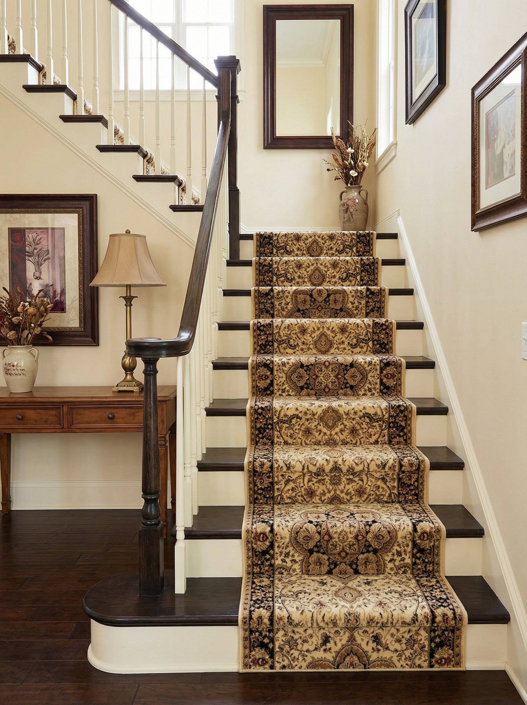 Long tapis d'escalier beige et marron à motifs orientaux, fixé sur des marches en bois sombre d'une entrée