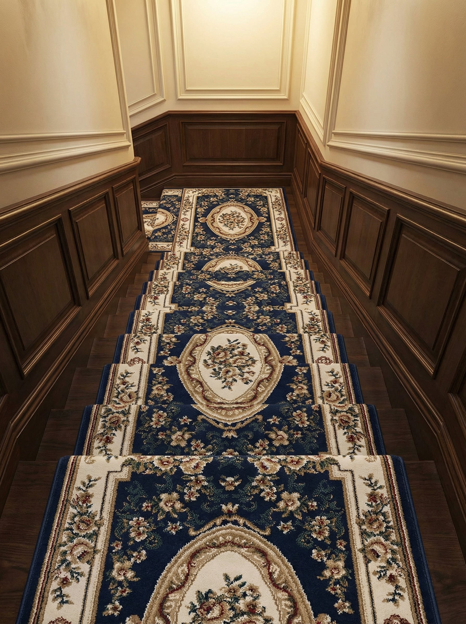 Tapis d'escalier bleu marine à motifs floraux beiges, rouges et verts, avec grands médaillons crème, sur escalier en bois d'un hall