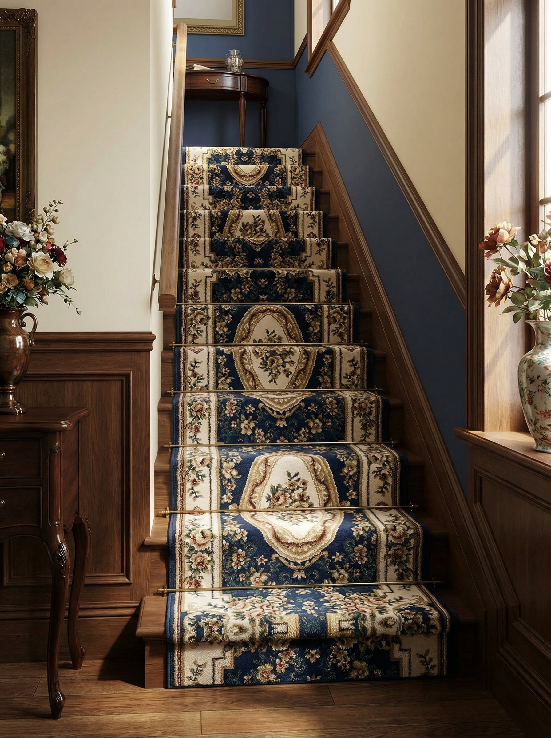 Tapis d'escalier bleu marine et crème avec motifs floraux et médaillons, sur marches en bois dans un hall d'entrée classique