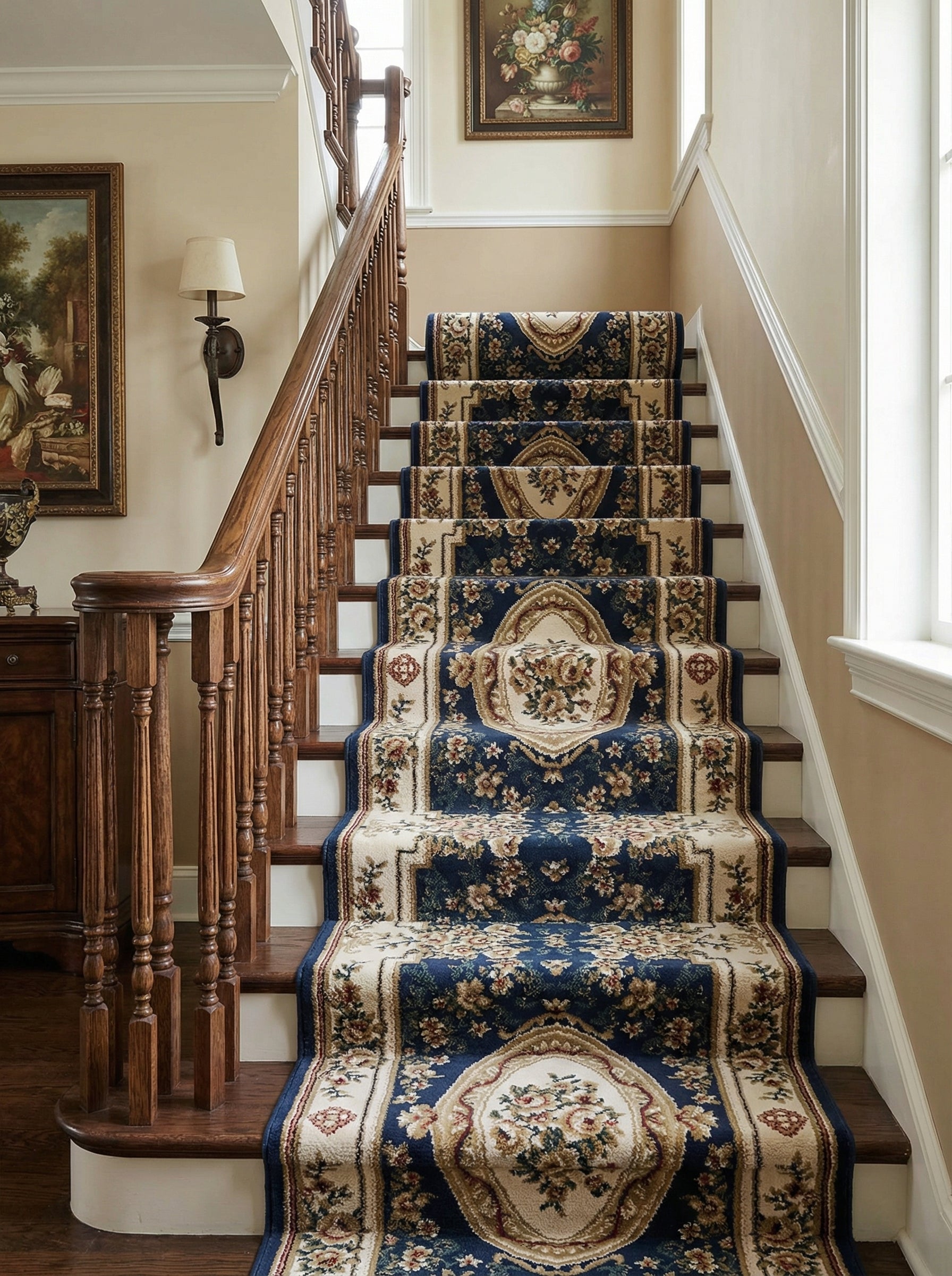 Long tapis d'escalier bleu nuit richement orné de motifs floraux crème, or et rouge, descendant les marches d'un hall classique
