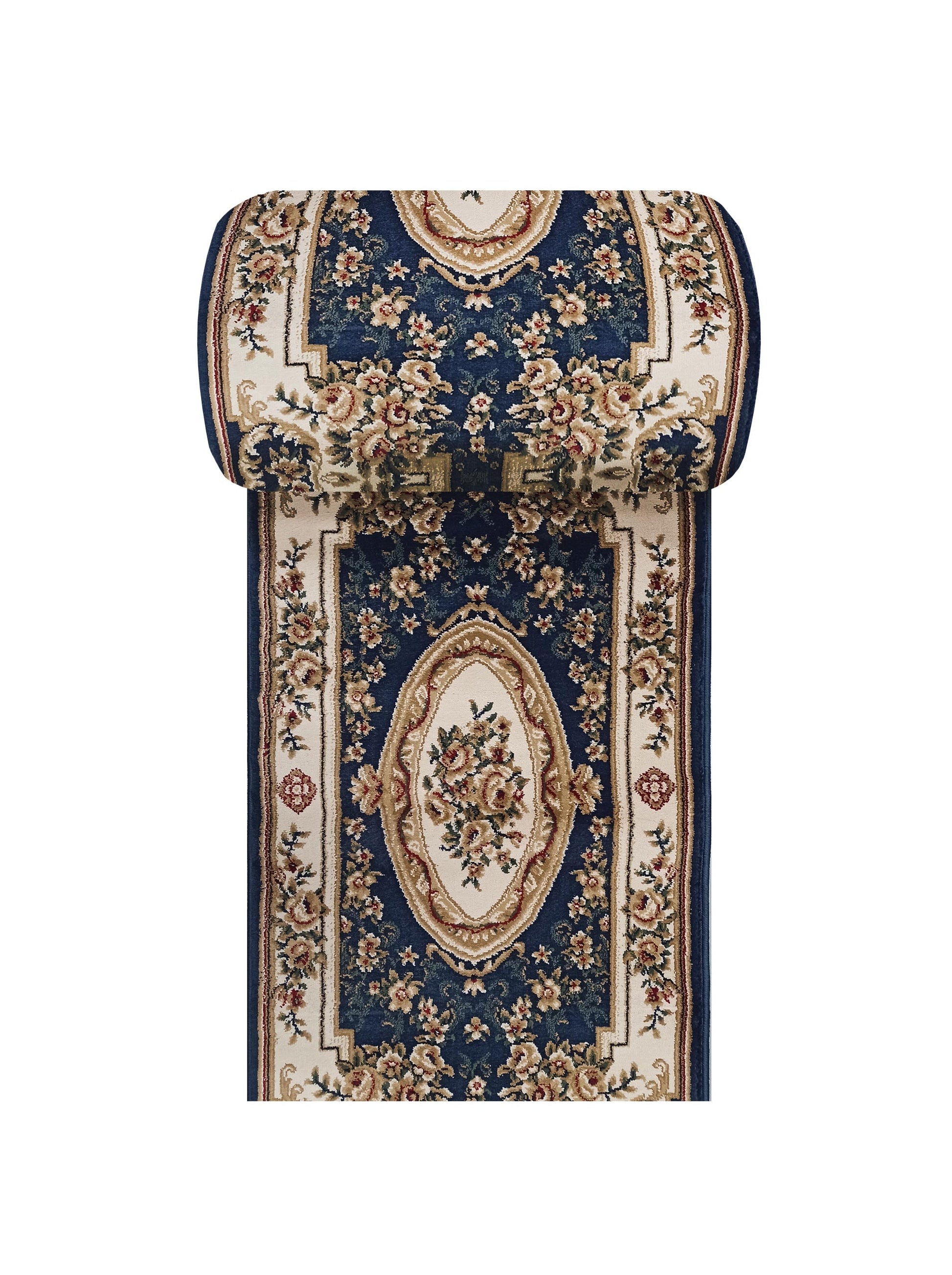 Tapis déroulé bleu foncé et crème avec un motif floral classique composé de roses beiges, rouges et de feuilles vertes