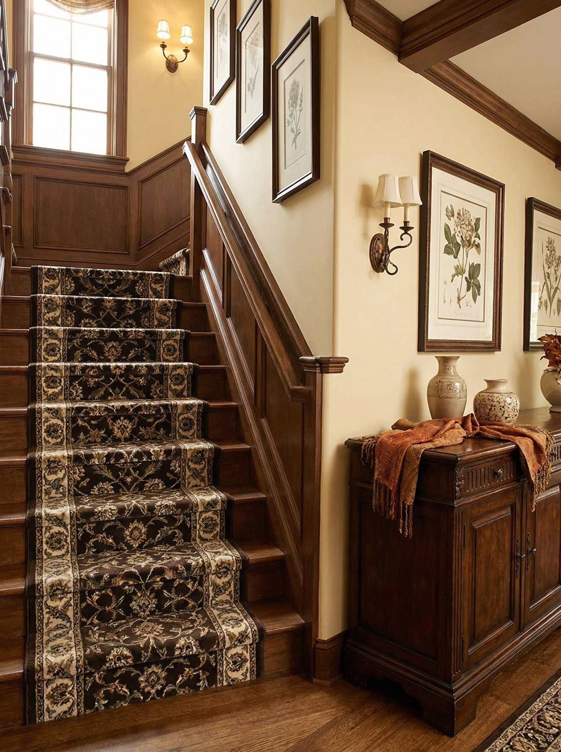 Tapis d'escalier marron foncé aux motifs floraux beiges et dorés, bordé de frises claires, dans un élégant hall d'entrée
