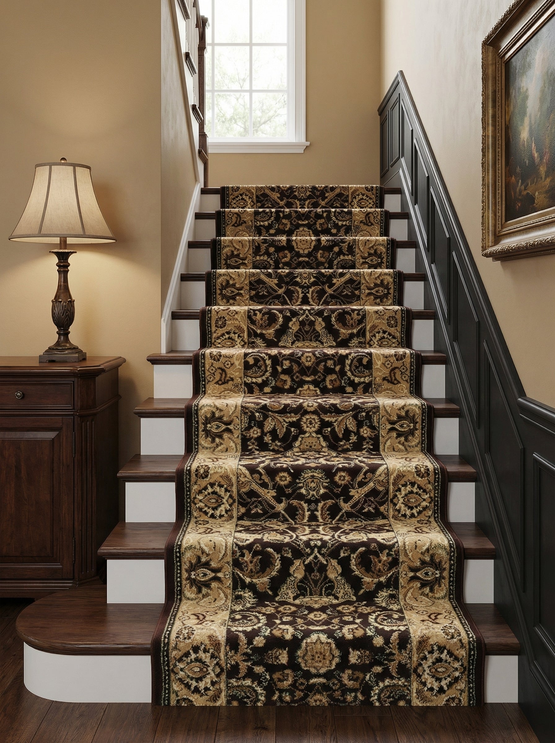 Tapis d'escalier orné de motifs floraux baroques dorés sur fond marron foncé, encadré d'une bande beige, dans un hall élégant