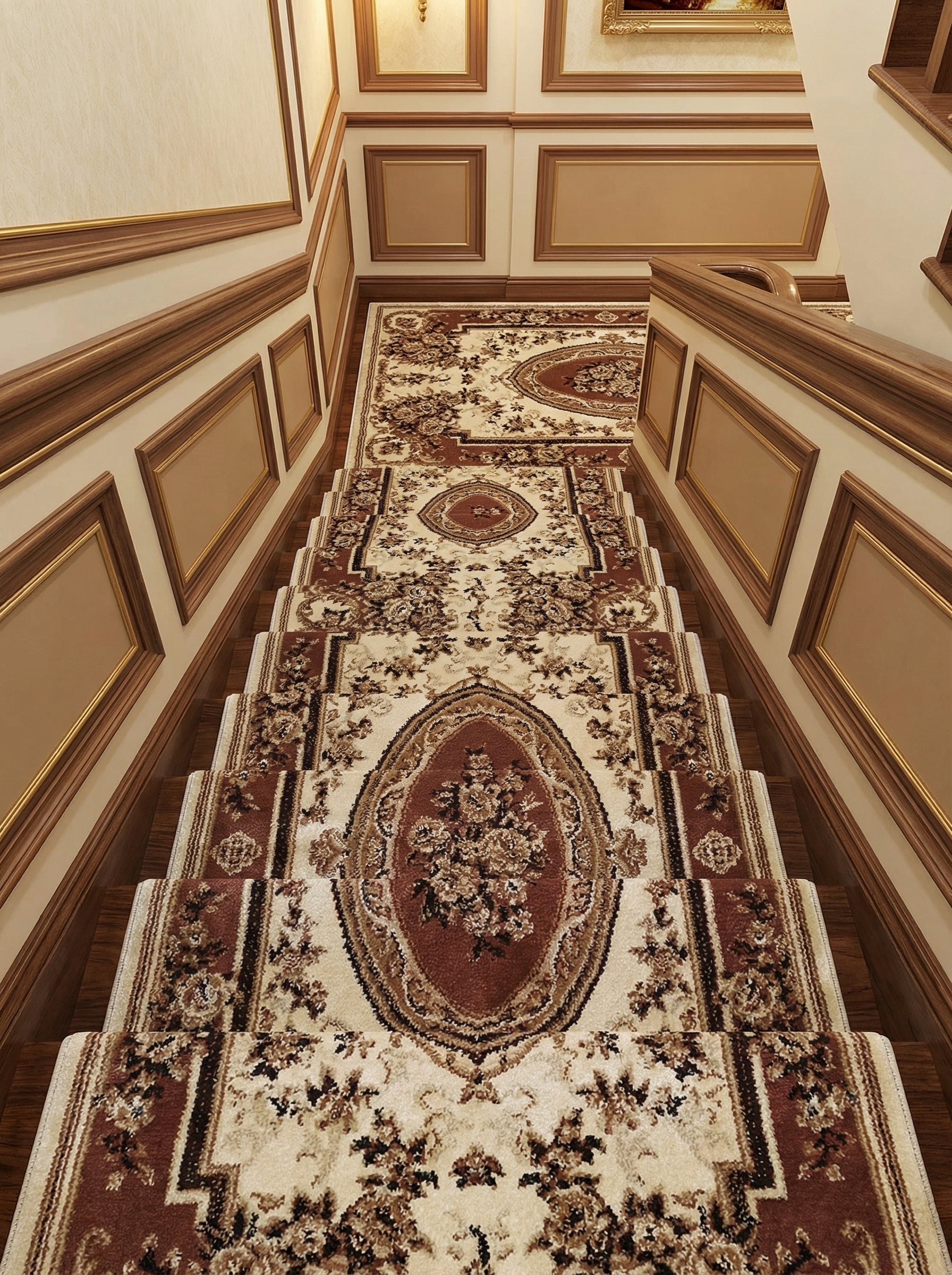 Long tapis beige et rouille à motifs floraux et médaillons ovales, couvrant un escalier et un palier luxueux