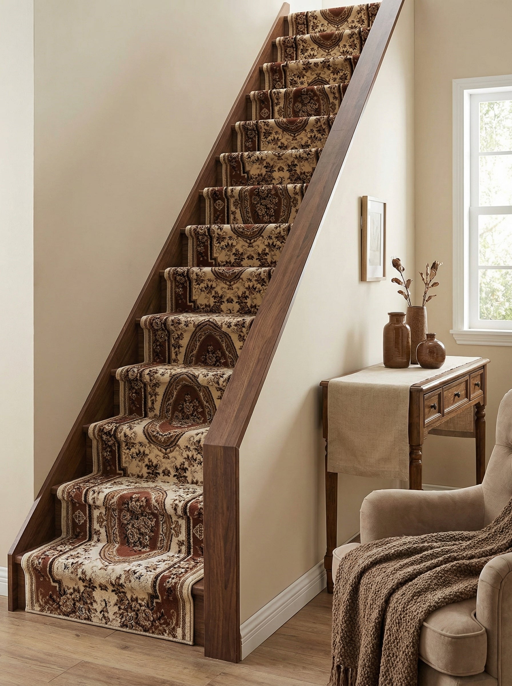 Tapis d'escalier beige clair avec riches motifs floraux et médaillons marron, décorant un escalier en bois dans une entrée élégante
