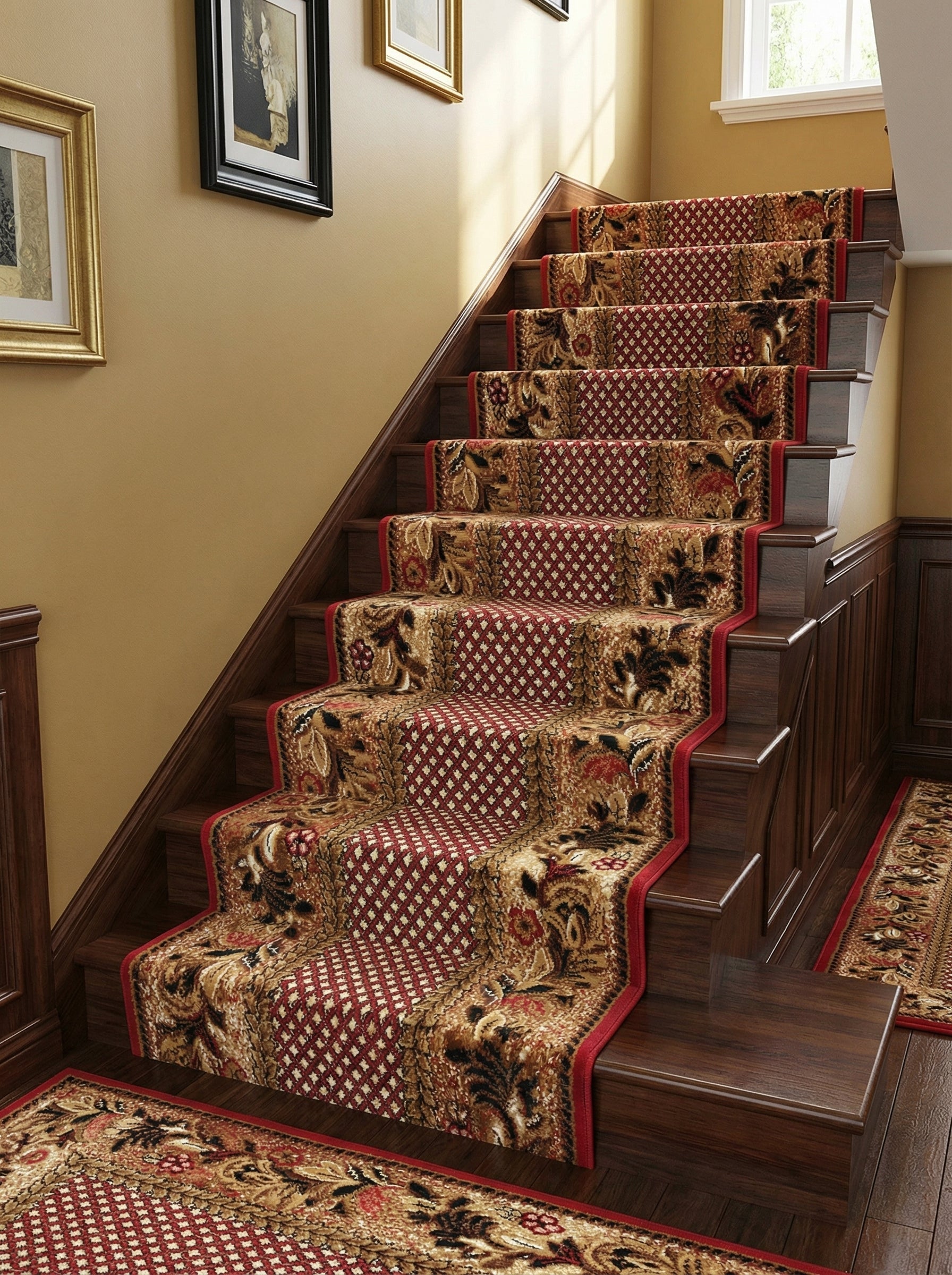 Tapis d'escalier rouge et doré aux motifs floraux et losanges, recouvrant des marches en bois dans un hall d'entrée