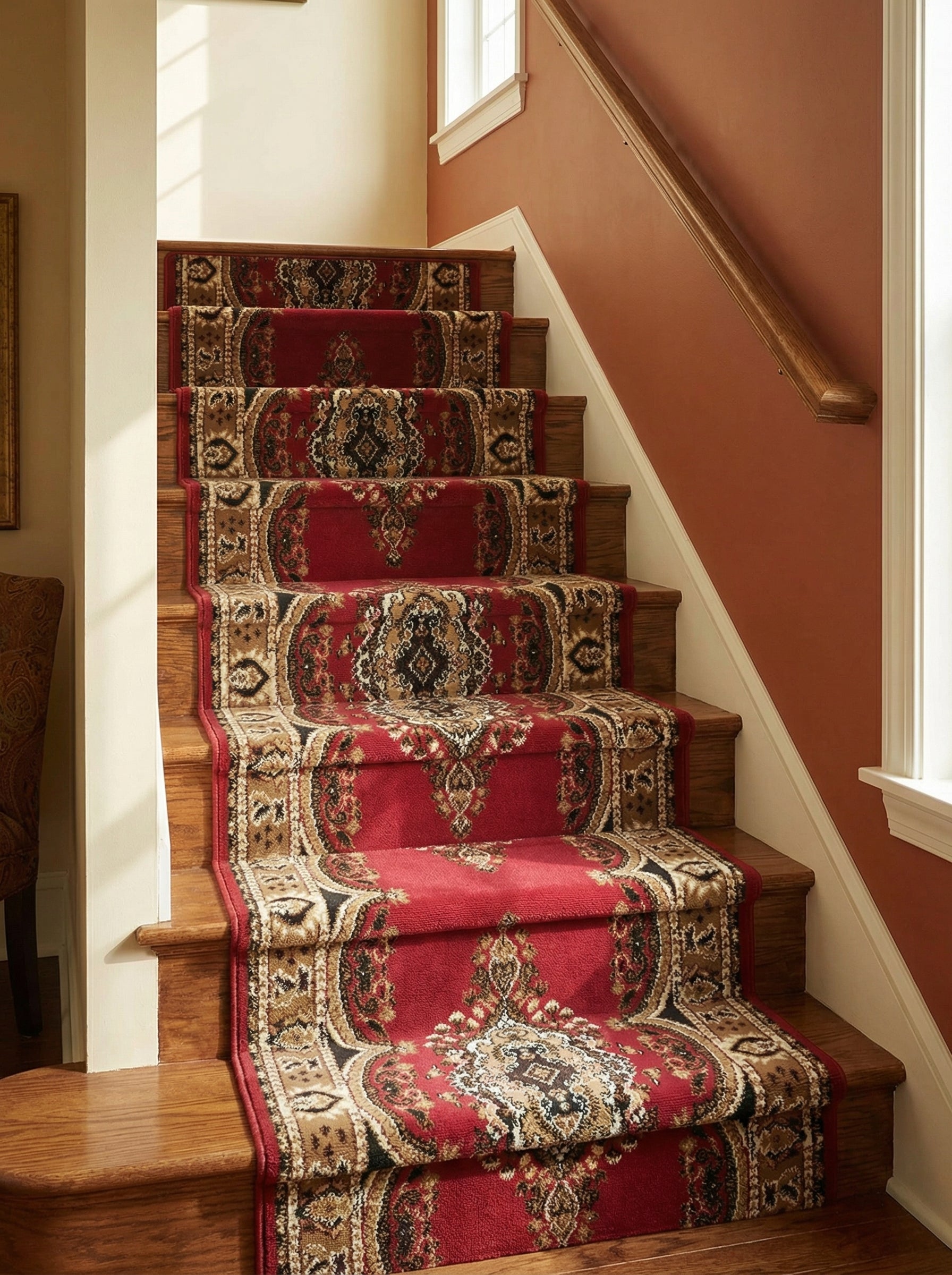 Tapis d'escalier rouge vif à motifs orientaux complexes beiges, dorés et noirs sur des marches en bois dans un hall