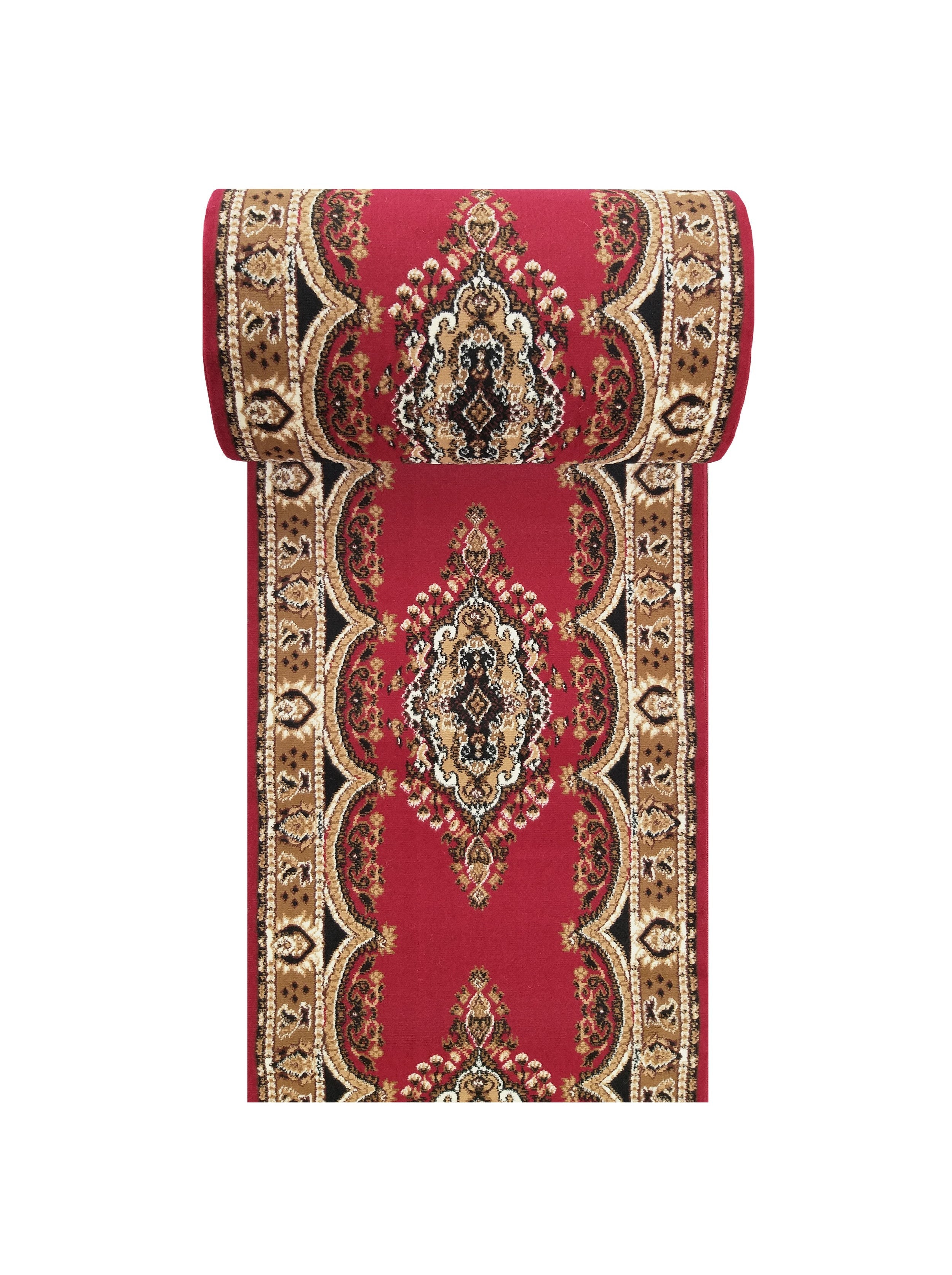 Tapis rouge partiellement déroulé, avec un motif ornemental central et des bordures détaillées en beige, noir et blanc