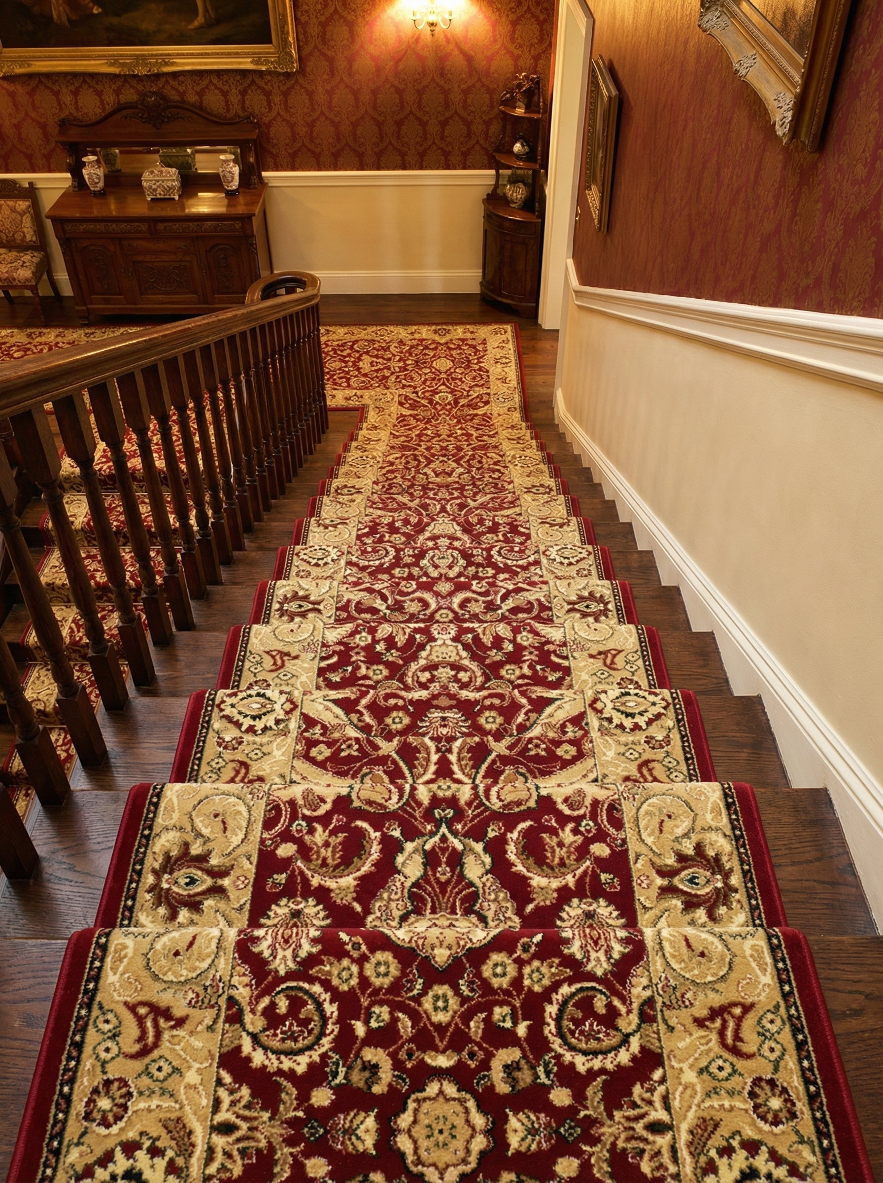 Chemin de tapis rouge bordeaux à motifs floraux classiques et beiges/dorés, couvrant un escalier en bois dans une entrée décorée