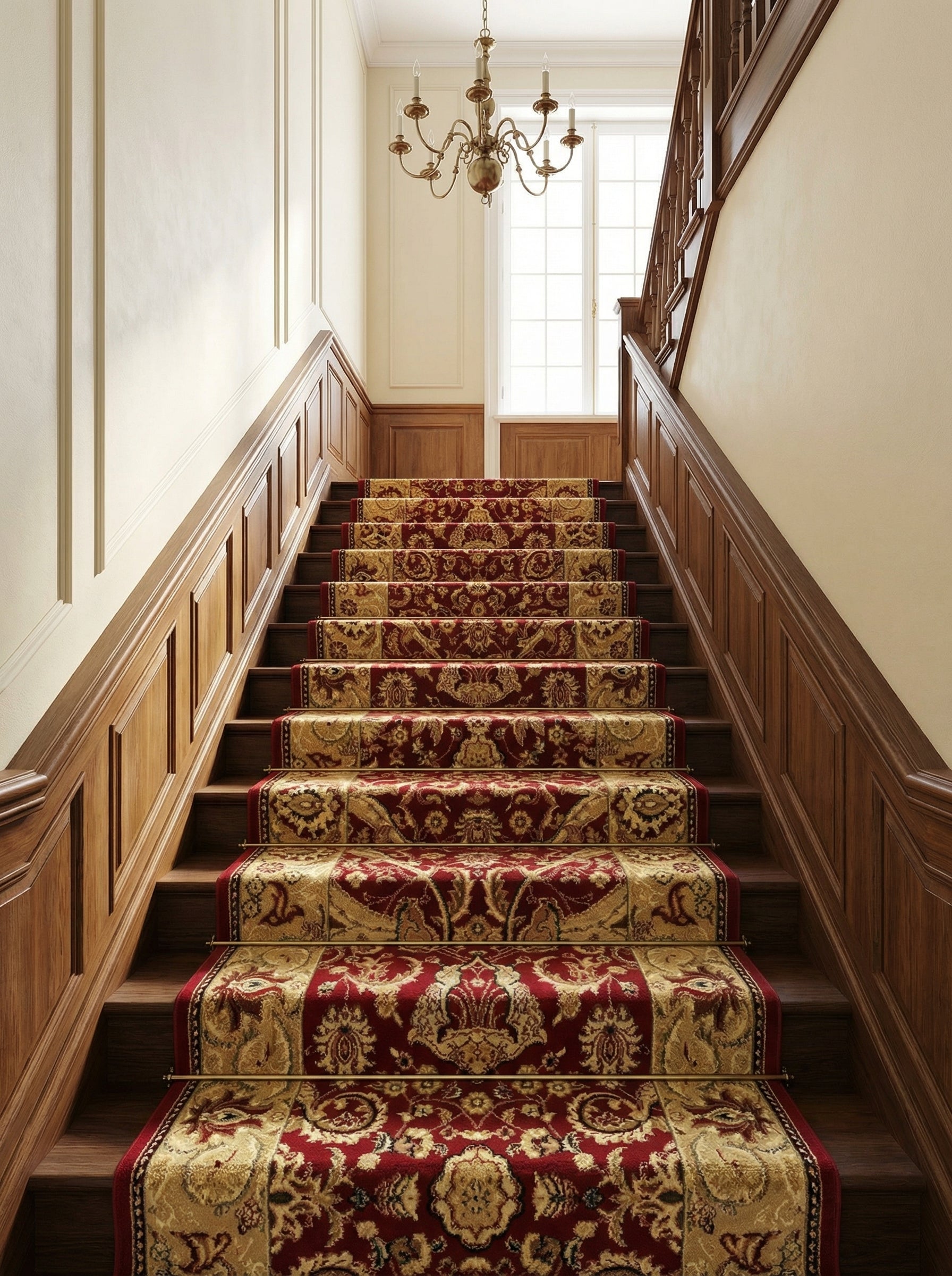 Tapis d'escalier somptueux rouge bordeaux et or, orné de riches motifs floraux baroques, sur un escalier en bois d'un hall élégant