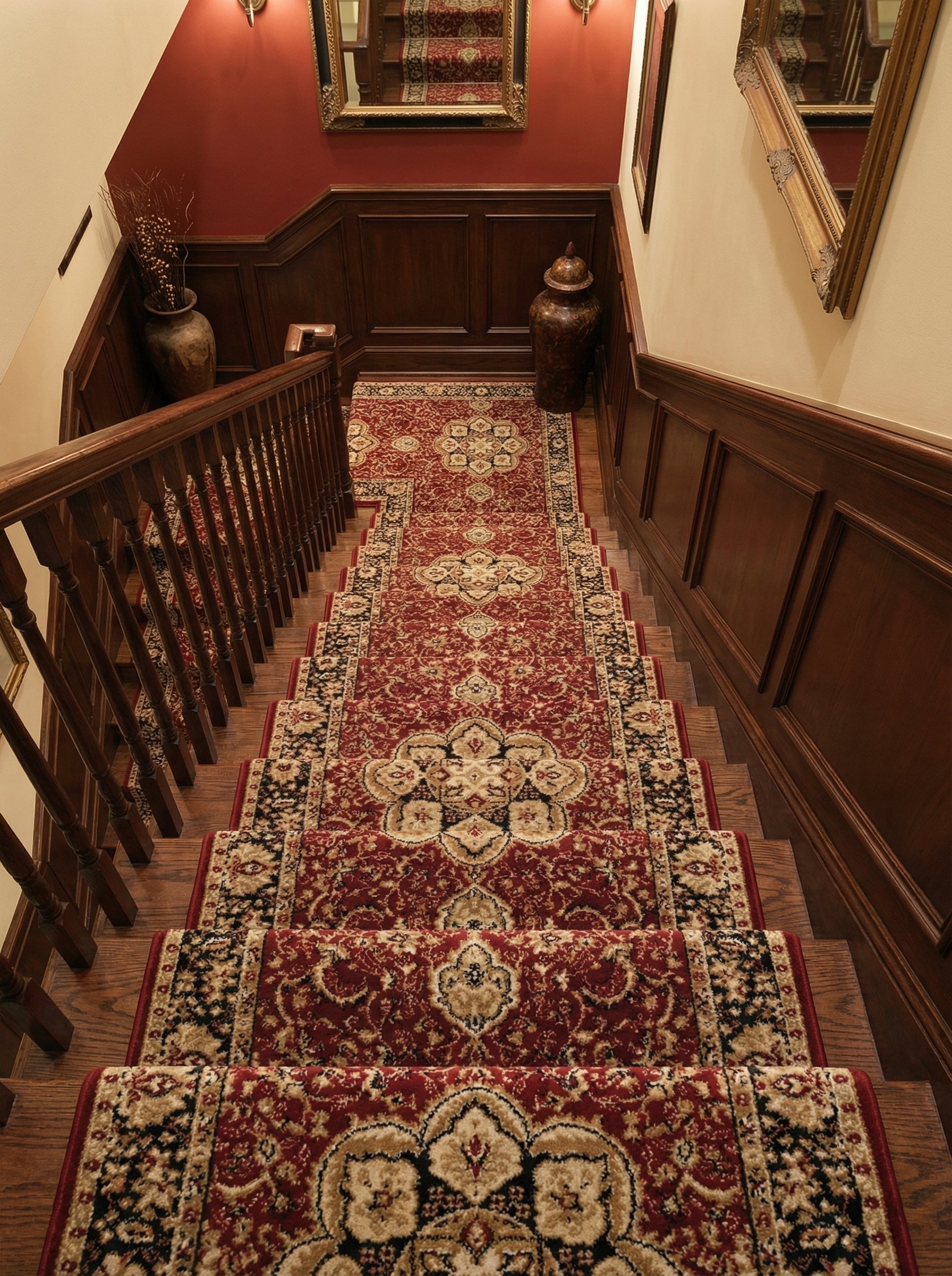 Long tapis d'escalier rouge, noir et beige à motifs ornementaux, déroulé sur des marches en bois dans une entrée sophistiquée