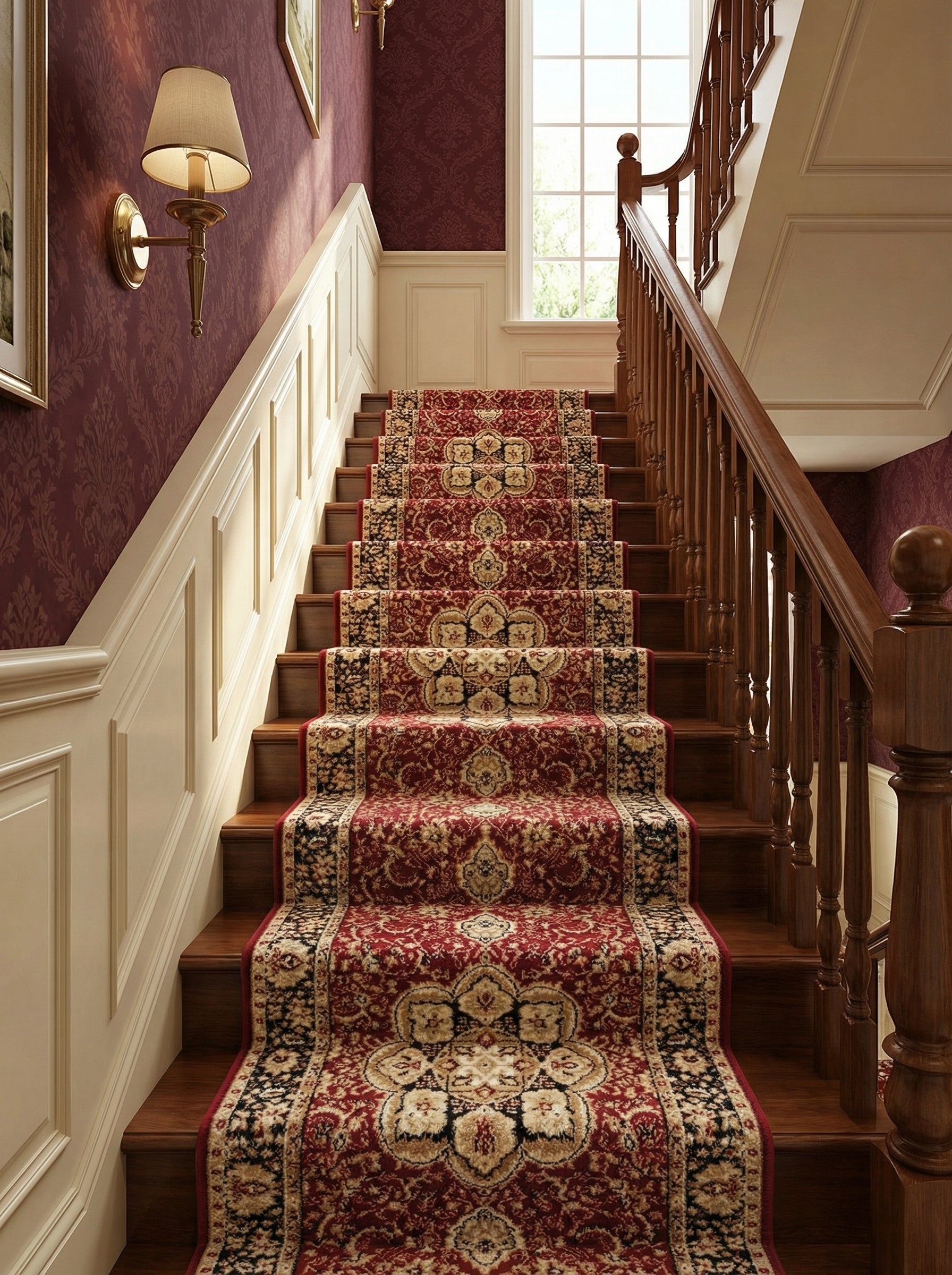 Tapis d'escalier rouge profond à motifs orientaux crème et noirs, couvrant des marches en bois dans un élégant hall d'entrée