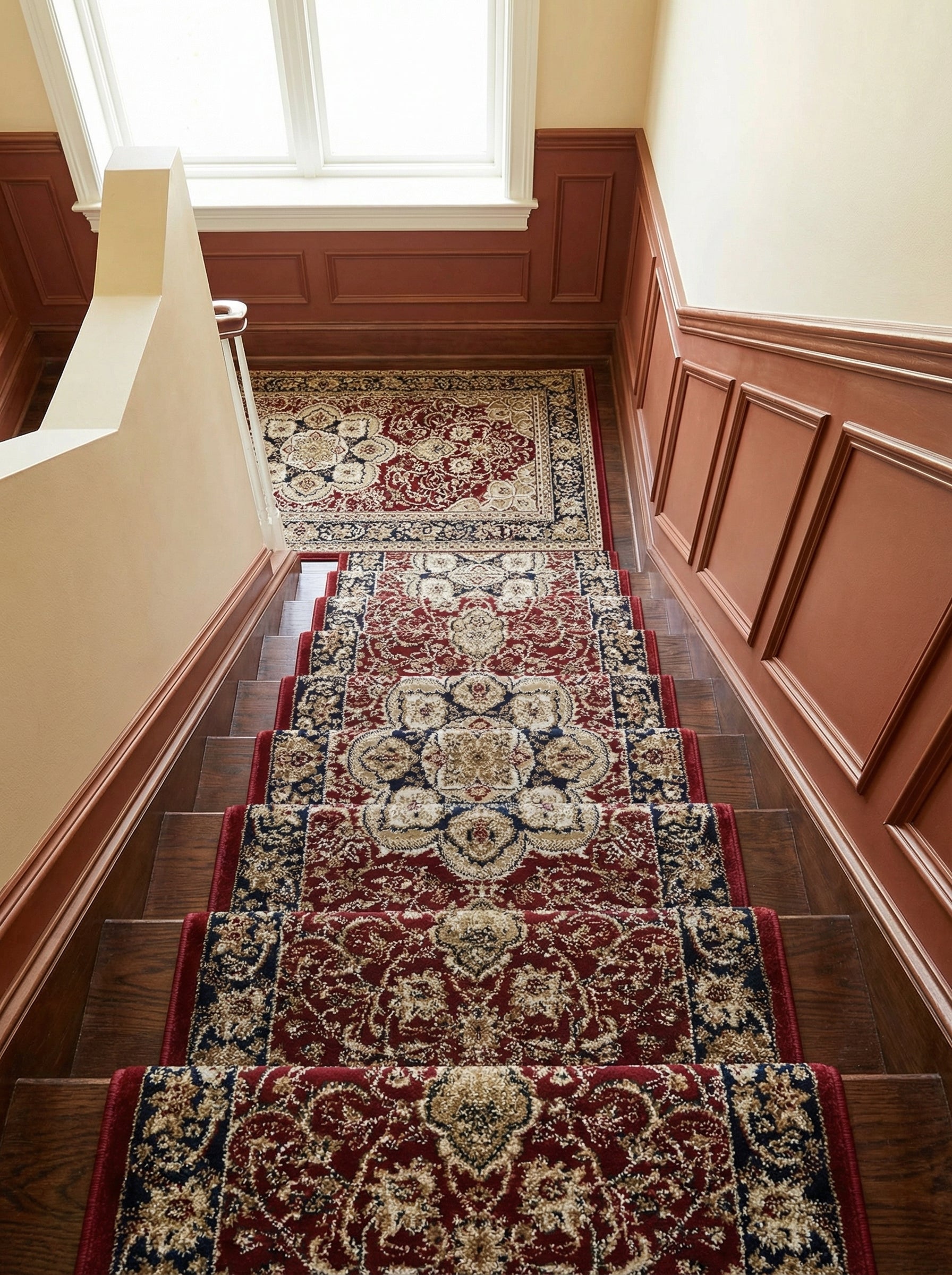 Tapis d'escalier rouge bordeaux à motifs floraux beiges et bleus, se prolongeant sur le palier d'une entrée élégante