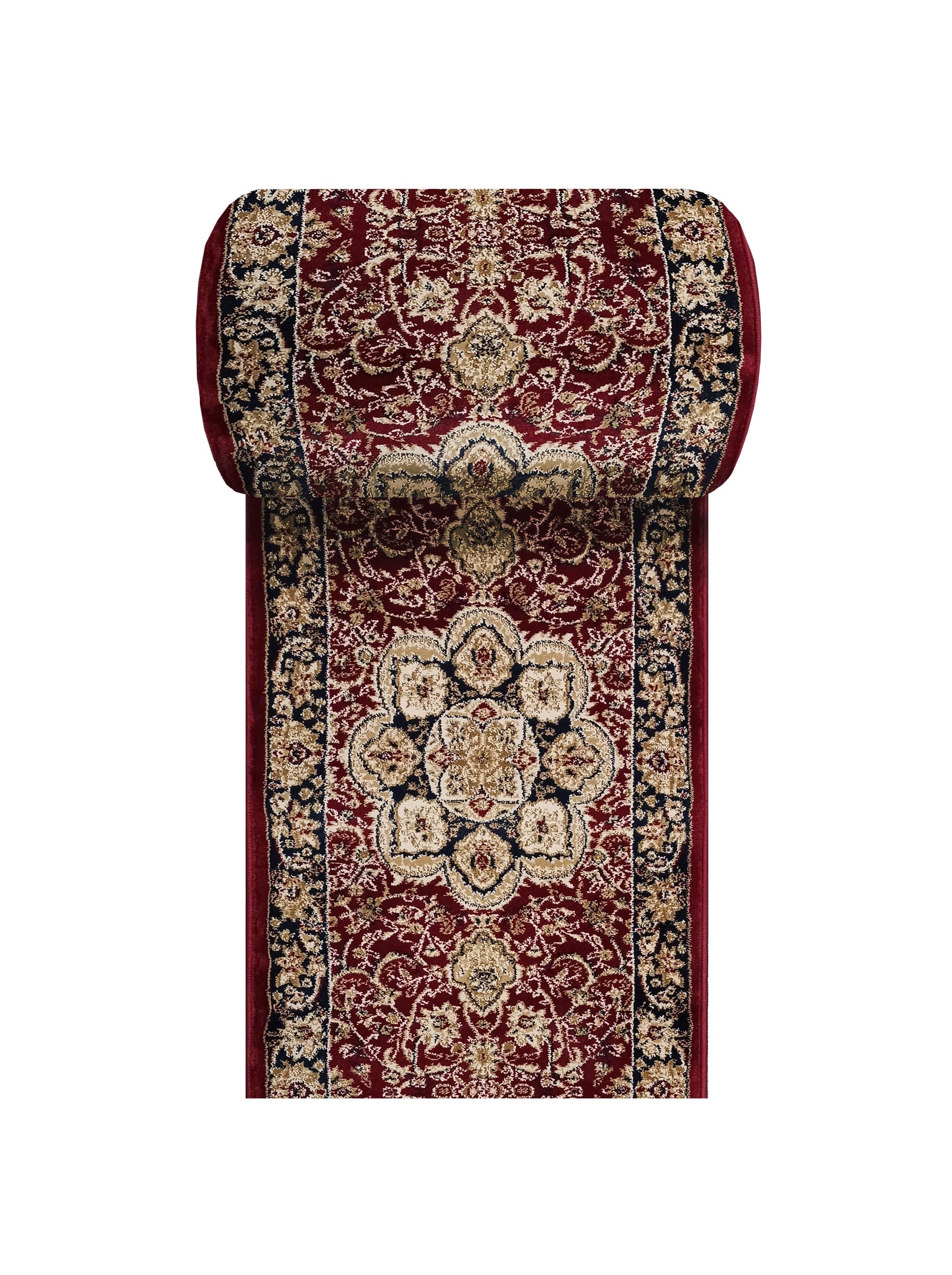 Tapis roulé en tissu bordeaux, orné de motifs floraux et médaillons traditionnels beiges, dorés et bleu nuit