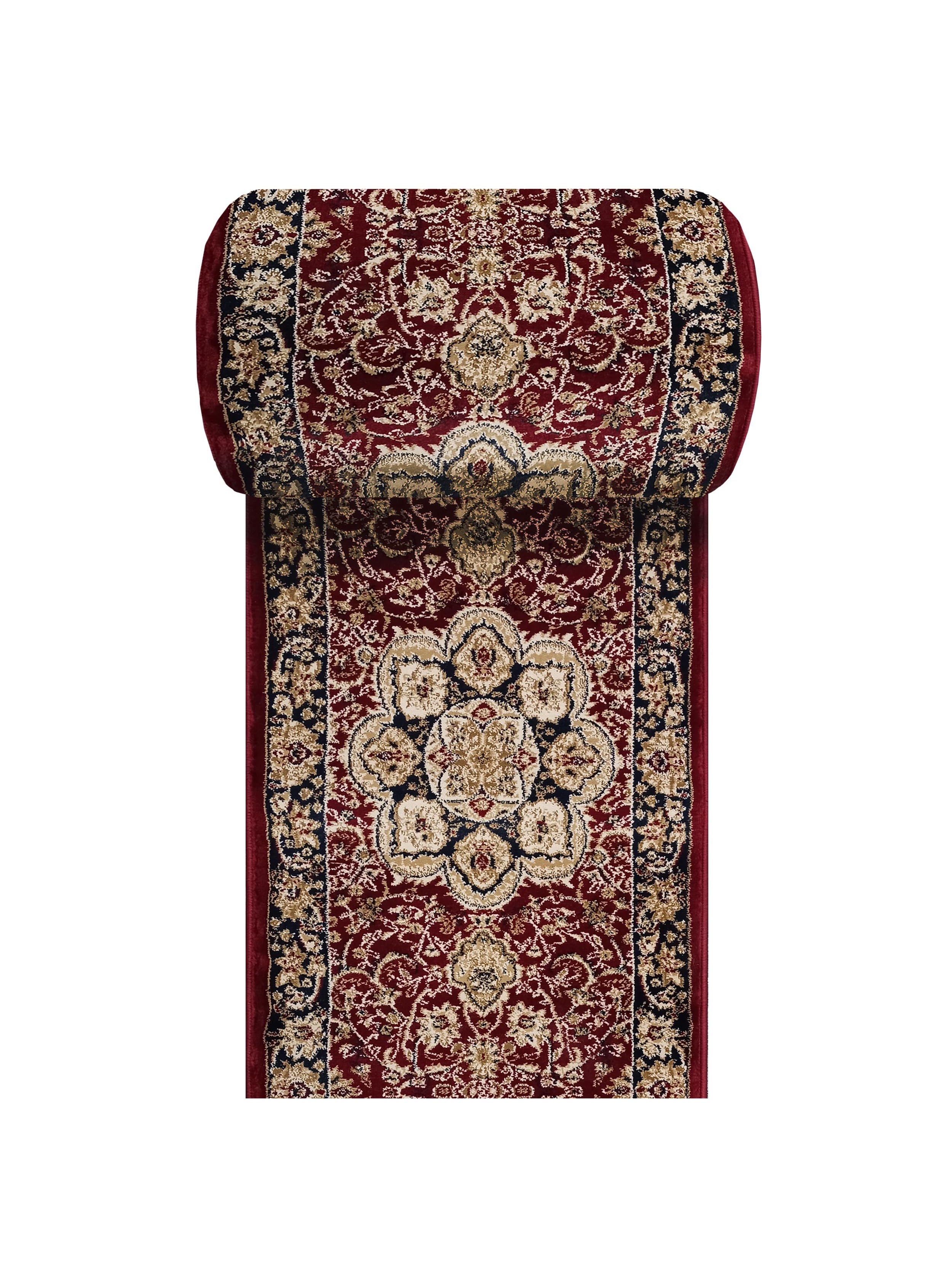 Tapis roulé en tissu bordeaux, orné de motifs floraux et médaillons traditionnels beiges, dorés et bleu nuit