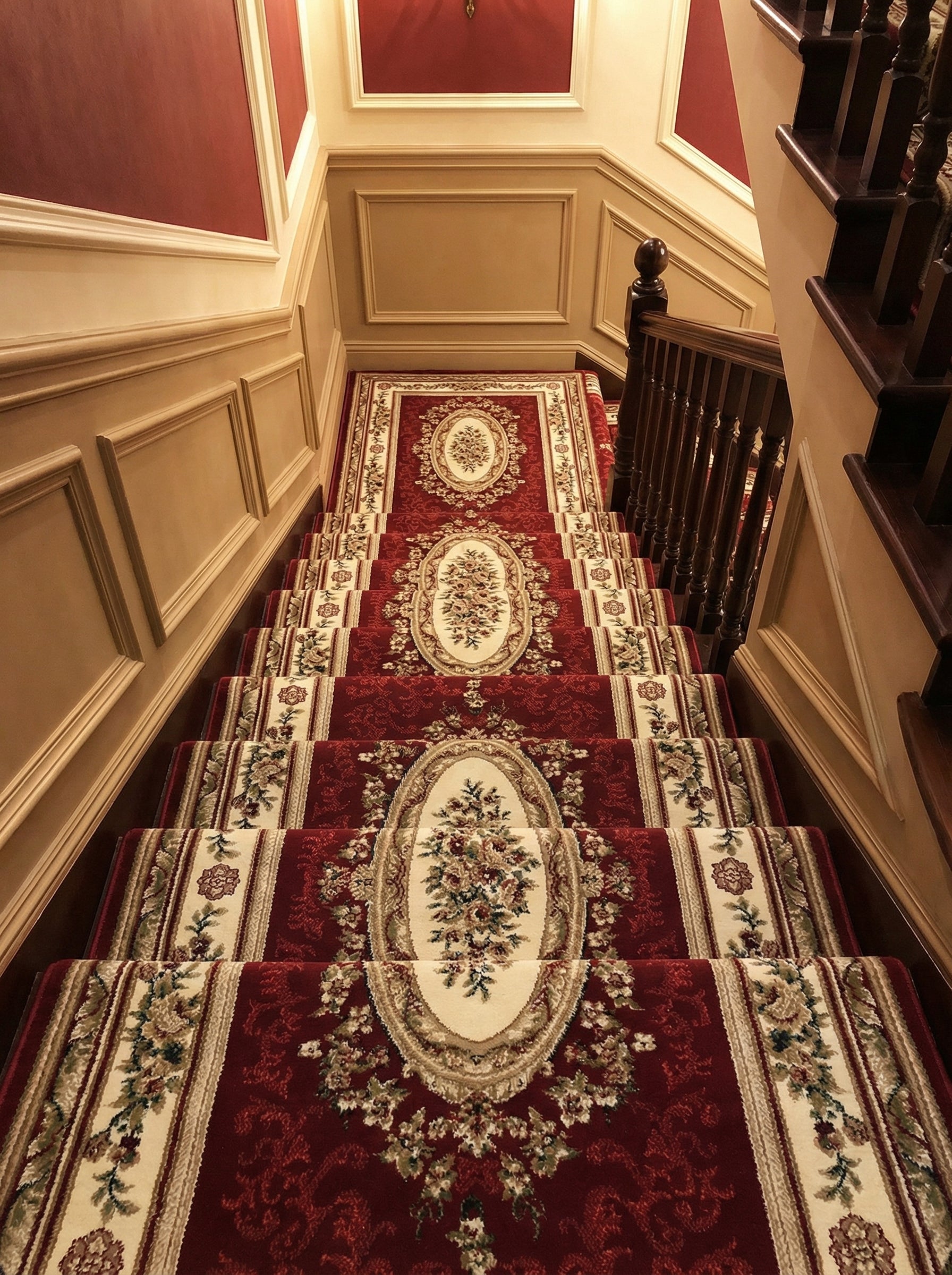 Tapis d'escalier rouge bordeaux, orné de grands médaillons floraux ovales crème et de bordures à motifs végétaux, descendant un élégant escalier