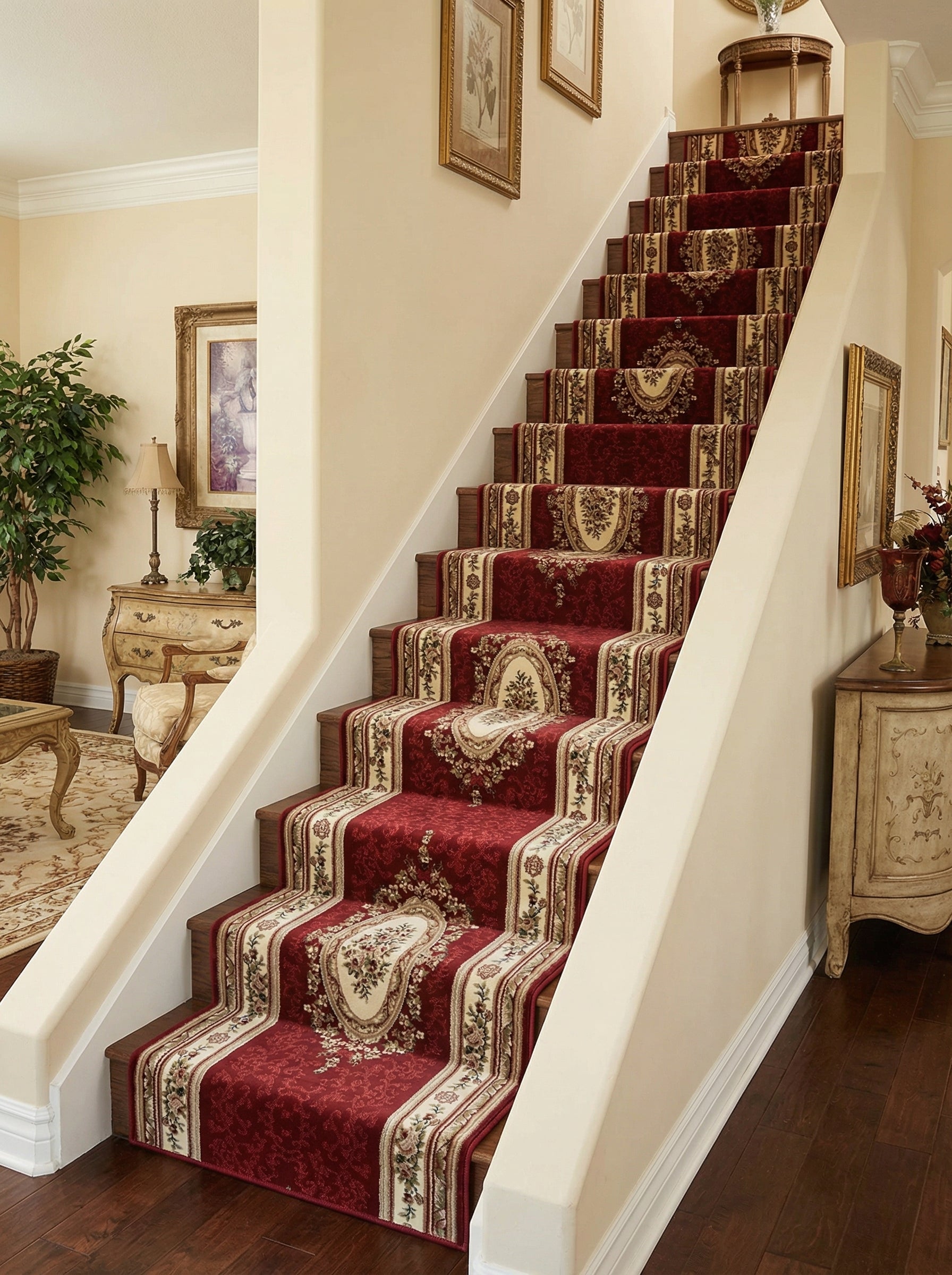 Tapis d'escalier bordeaux à motifs floraux et volutes crèmes, dorées et vertes, avec médaillons centraux sur chaque marche dans une entrée décorée