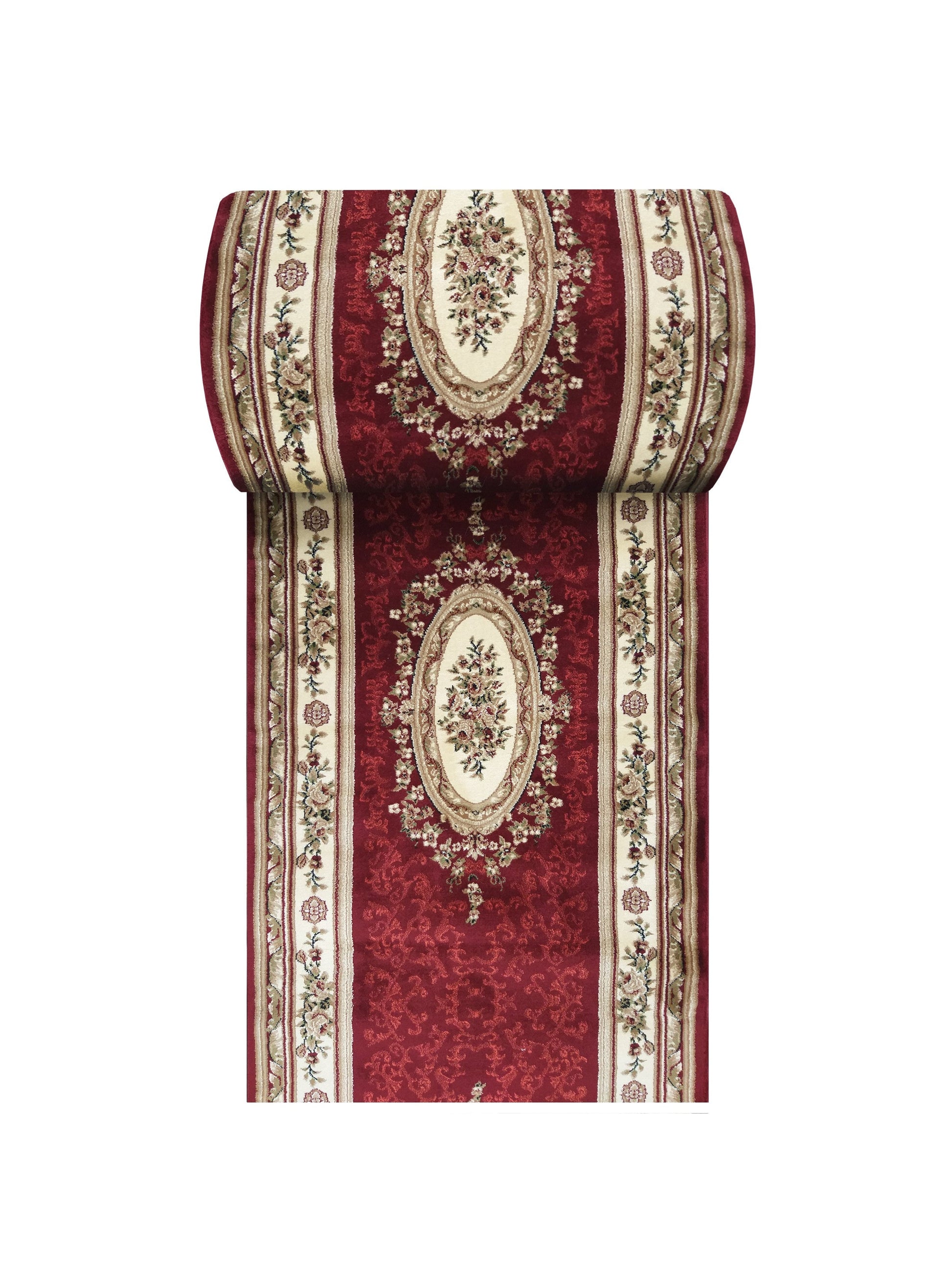 Tapis de couleur rouge bordeaux avec un grand médaillon central crème et orné de riches motifs floraux et de bordures élégantes