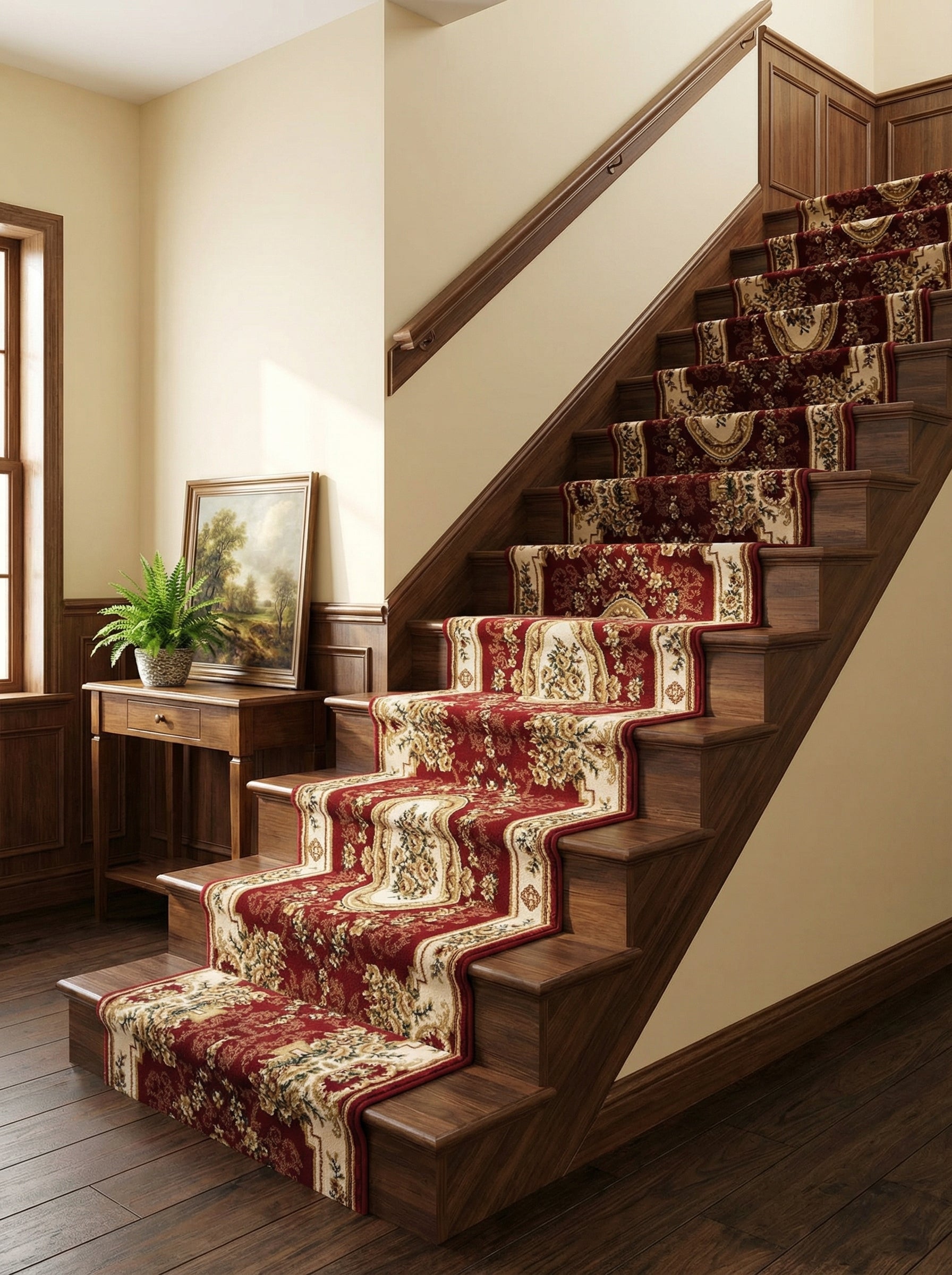 Tapis d'escalier rouge bordeaux avec motifs floraux dorés et bordures crème, posé sur des marches en bois, dans un hall d'entrée
