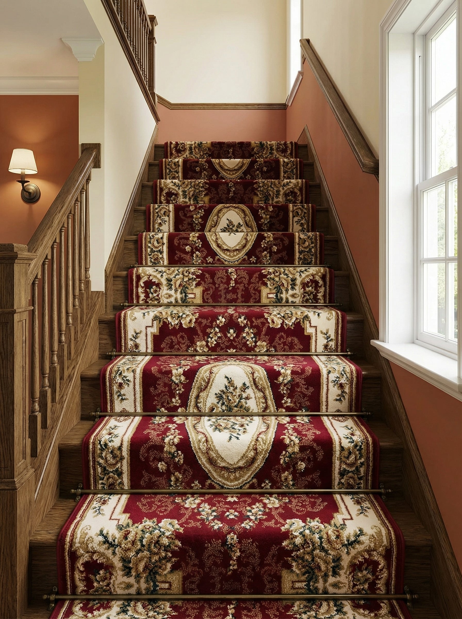 Tapis d'escalier rouge bordeaux orné de motifs floraux crème et or et de médaillons, dans un hall élégant