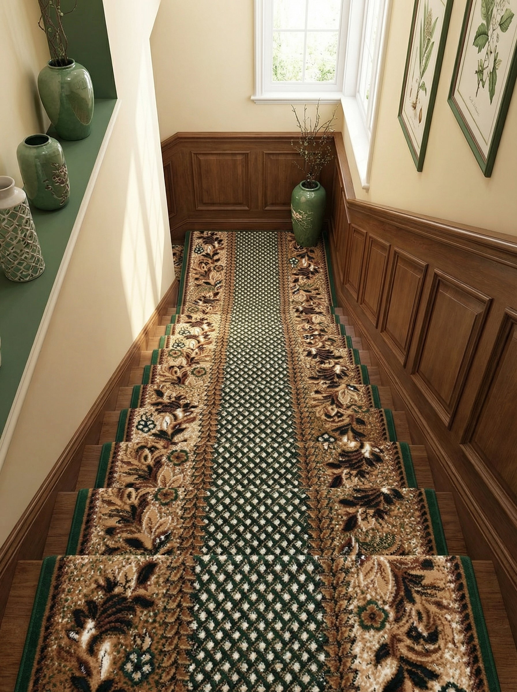 Un long tapis d'escalier aux motifs floraux beiges et marron sur les bords, et un centre vert à petits losanges blancs, posé sur des marches en bois dans une cage d'escalier
