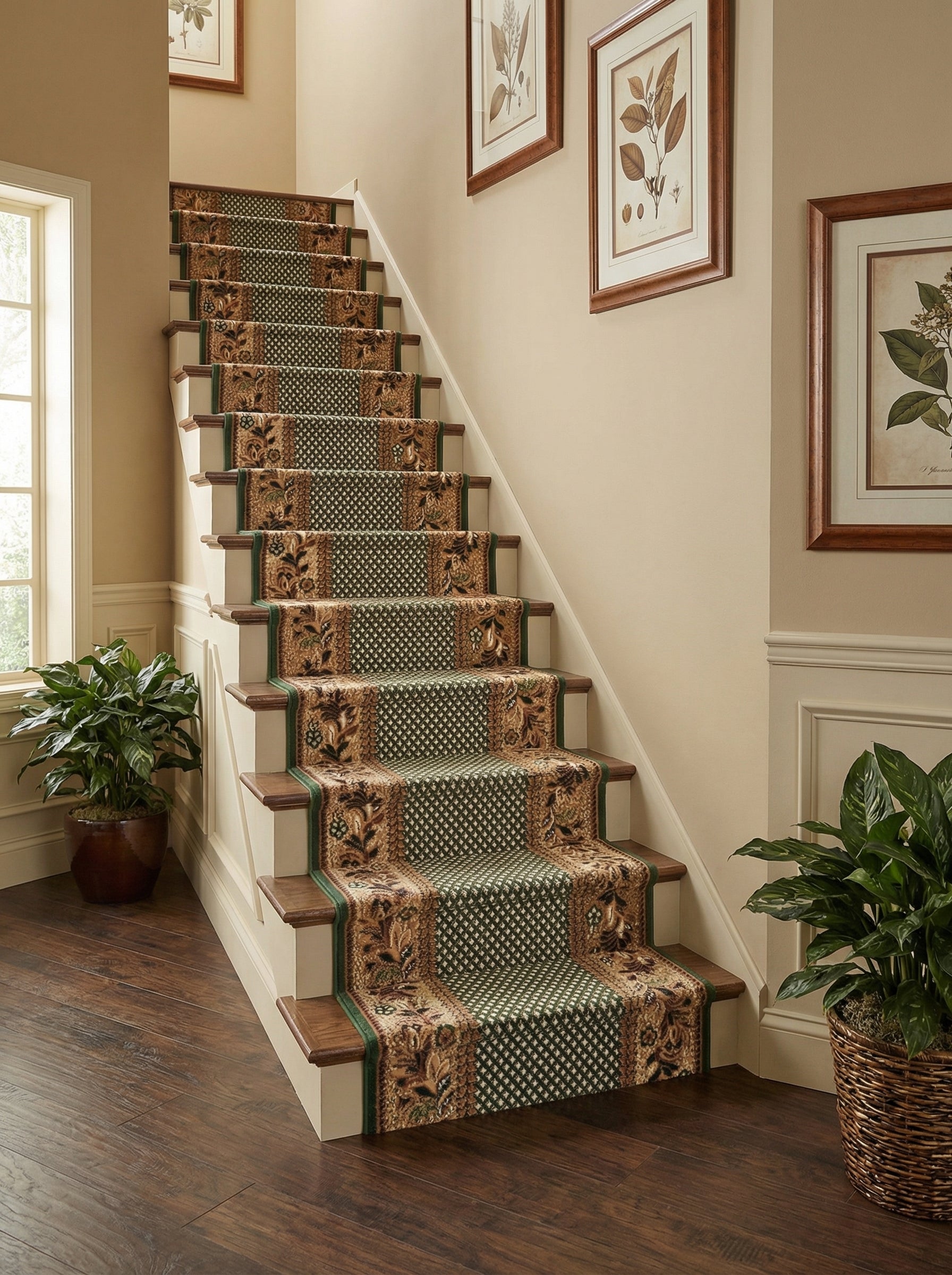 Tapis d'escalier vert foncé et beige à motifs floraux et géométriques sur des marches en bois, dans un hall d'entrée