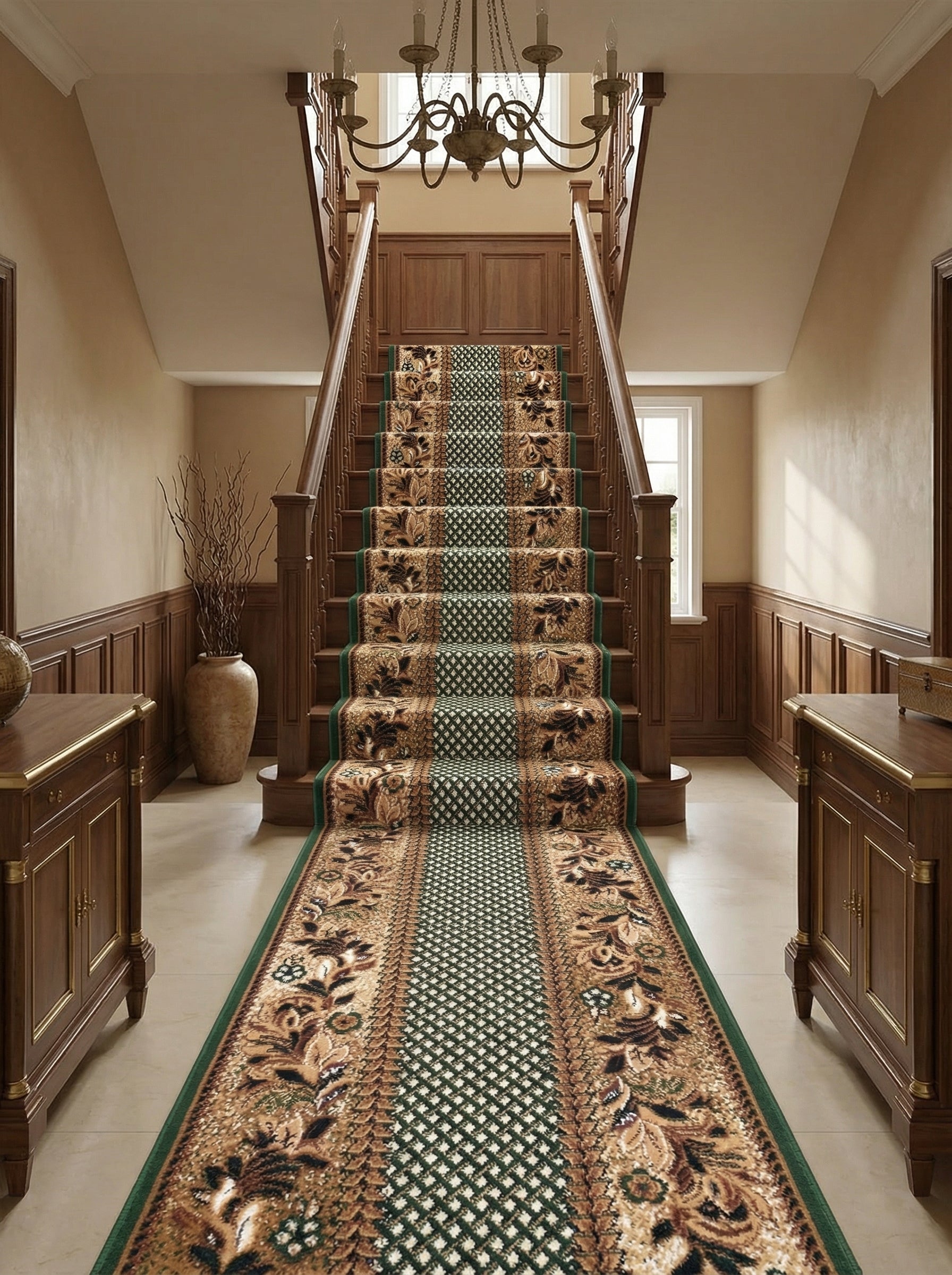 Tapis d'escalier beige et vert avec motifs floraux élaborés et bande centrale à carreaux, posé dans un hall d'entrée élégant