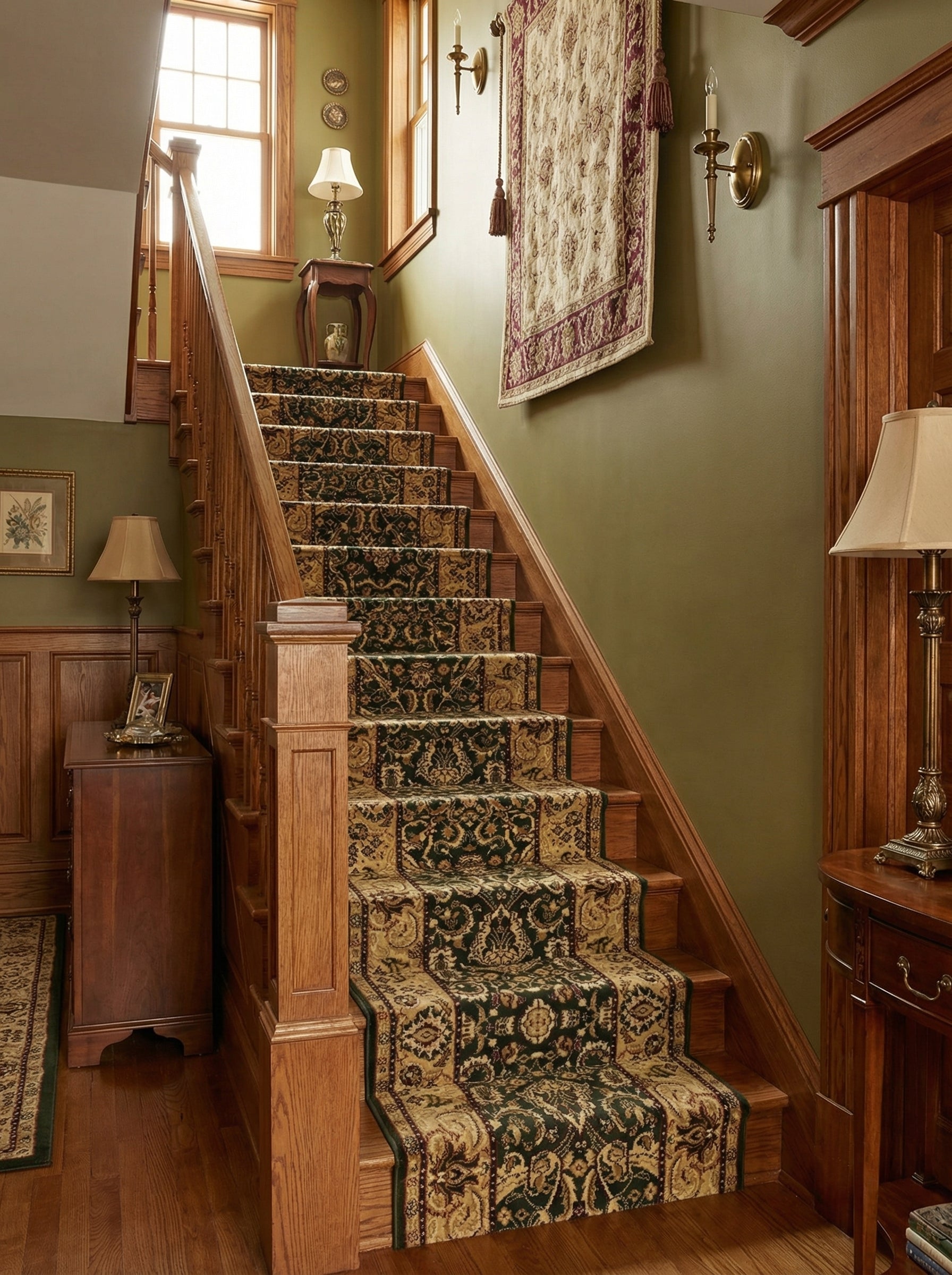 Tapis d'escalier vert foncé et doré à motifs ornementaux élaborés, couvrant des marches en bois dans une entrée élégante