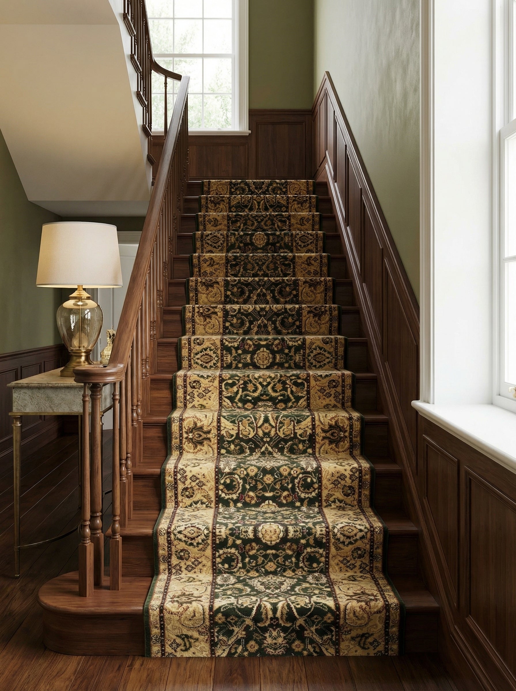 Long tapis d'escalier aux motifs classiques vert émeraude et doré sur marches en bois sombre, dans un hall d'entrée