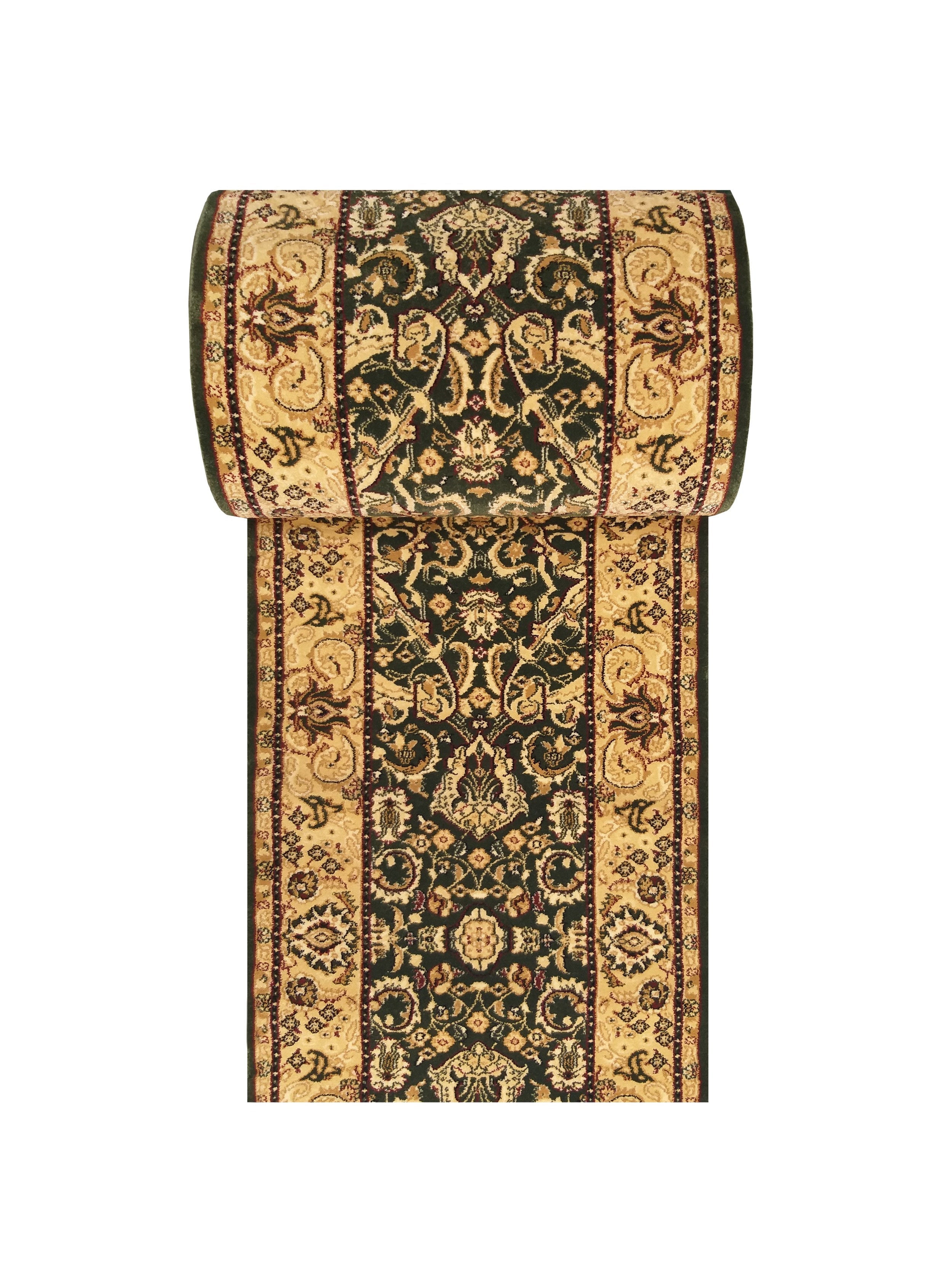Tapis enroulé, à motifs ornementaux vert foncé et beige doré avec des touches de rouge, présenté verticalement