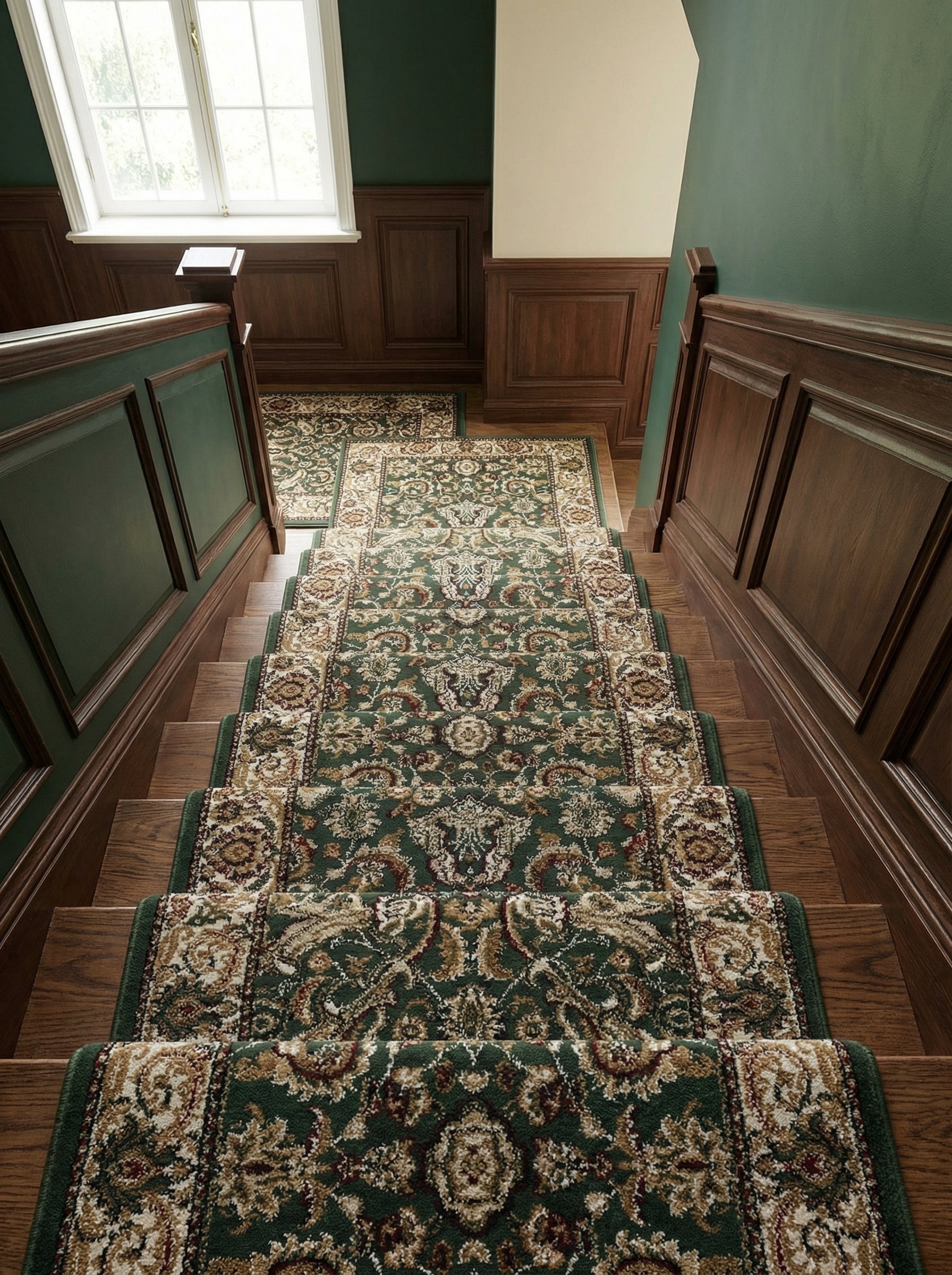 Chemin de tapis vert foncé à motifs floraux et ornements beiges et bordeaux descendant un escalier en bois d'un hall élégant
