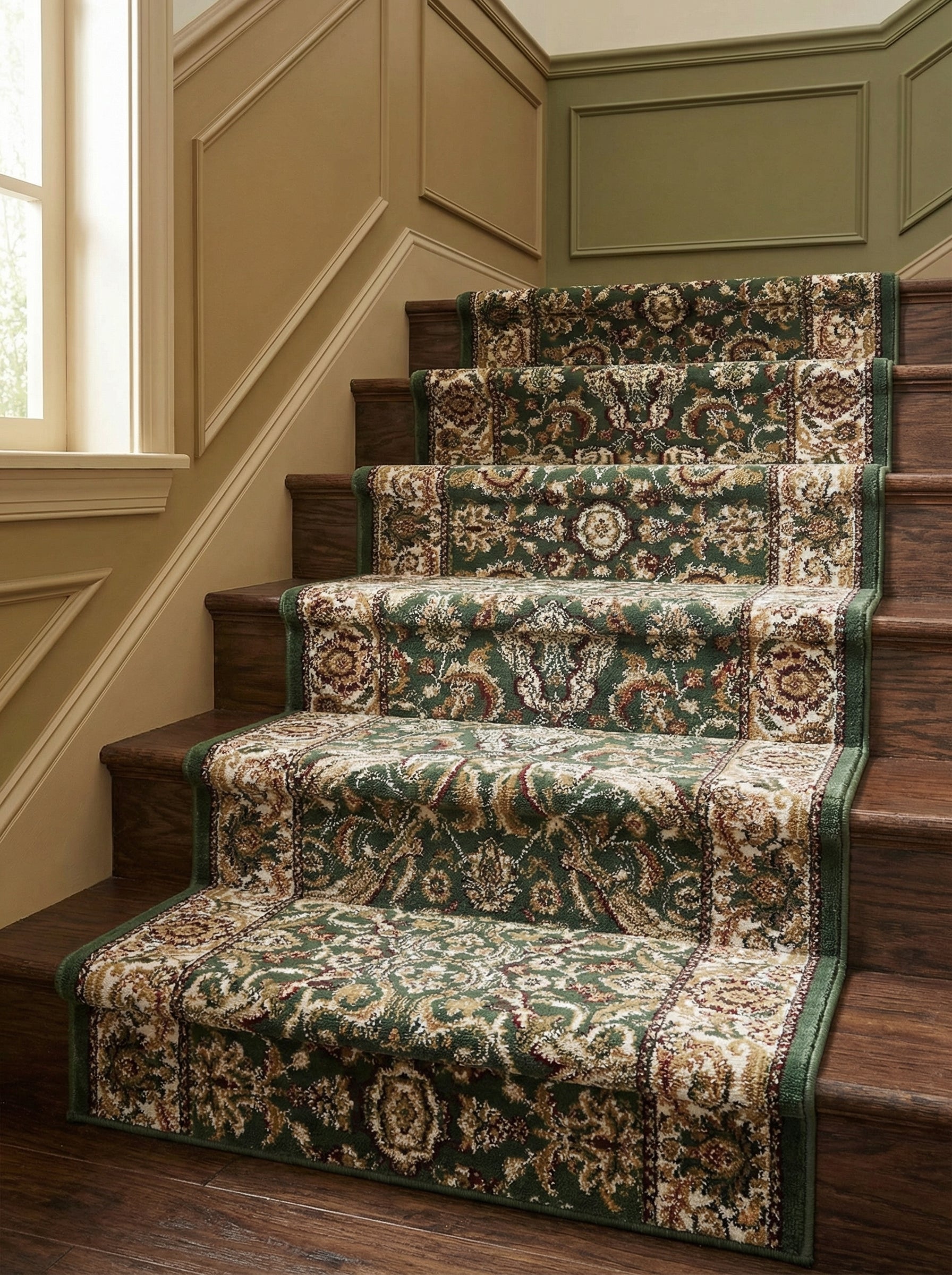 Tapis d'escalier vert foncé à motifs floraux et ornementaux beiges et marron recouvrant des marches en bois dans une entrée