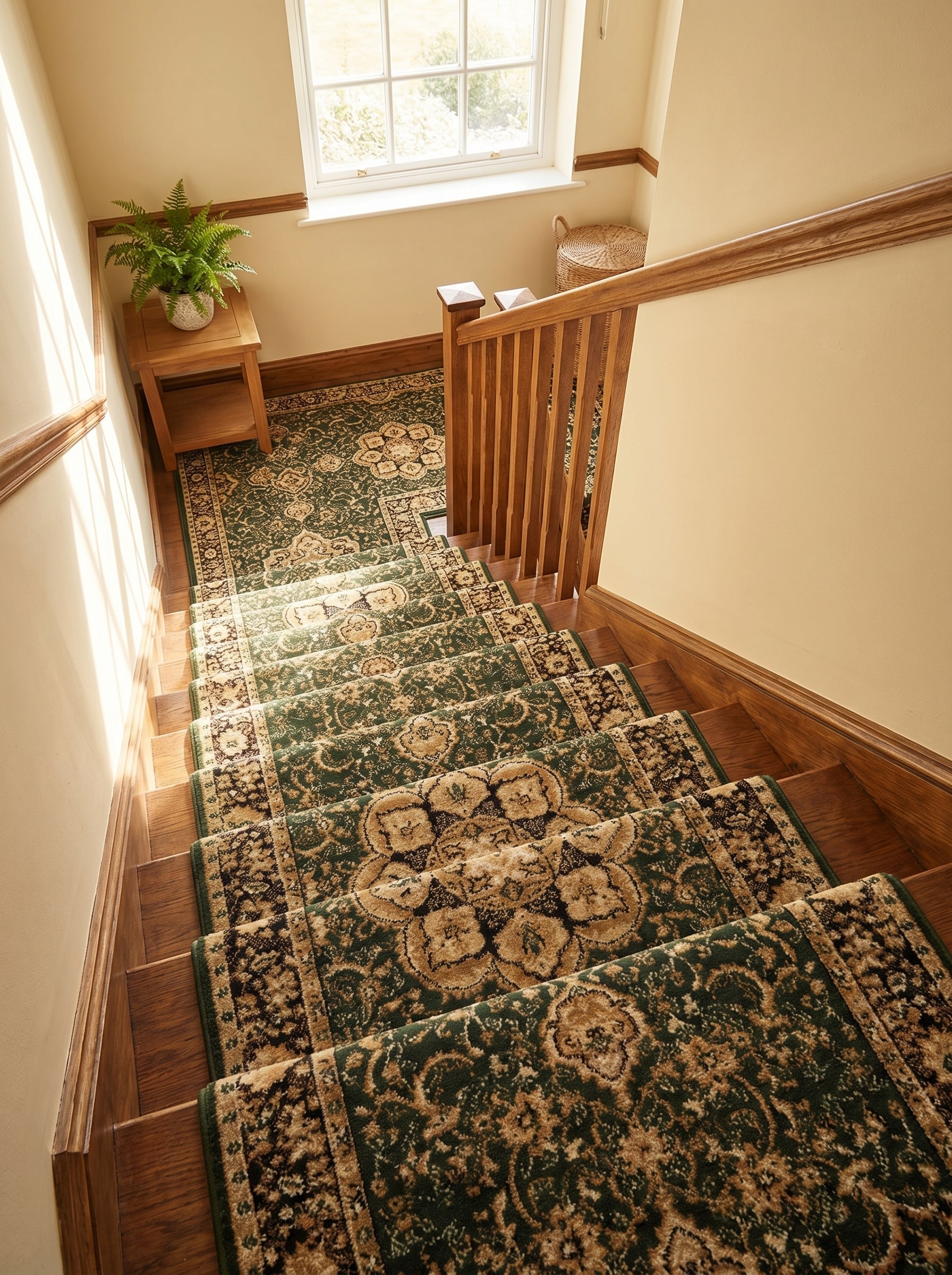Tapis d'escalier vert foncé orné de motifs floraux classiques beiges et marron, recouvrant des marches en bois dans un hall d'entrée