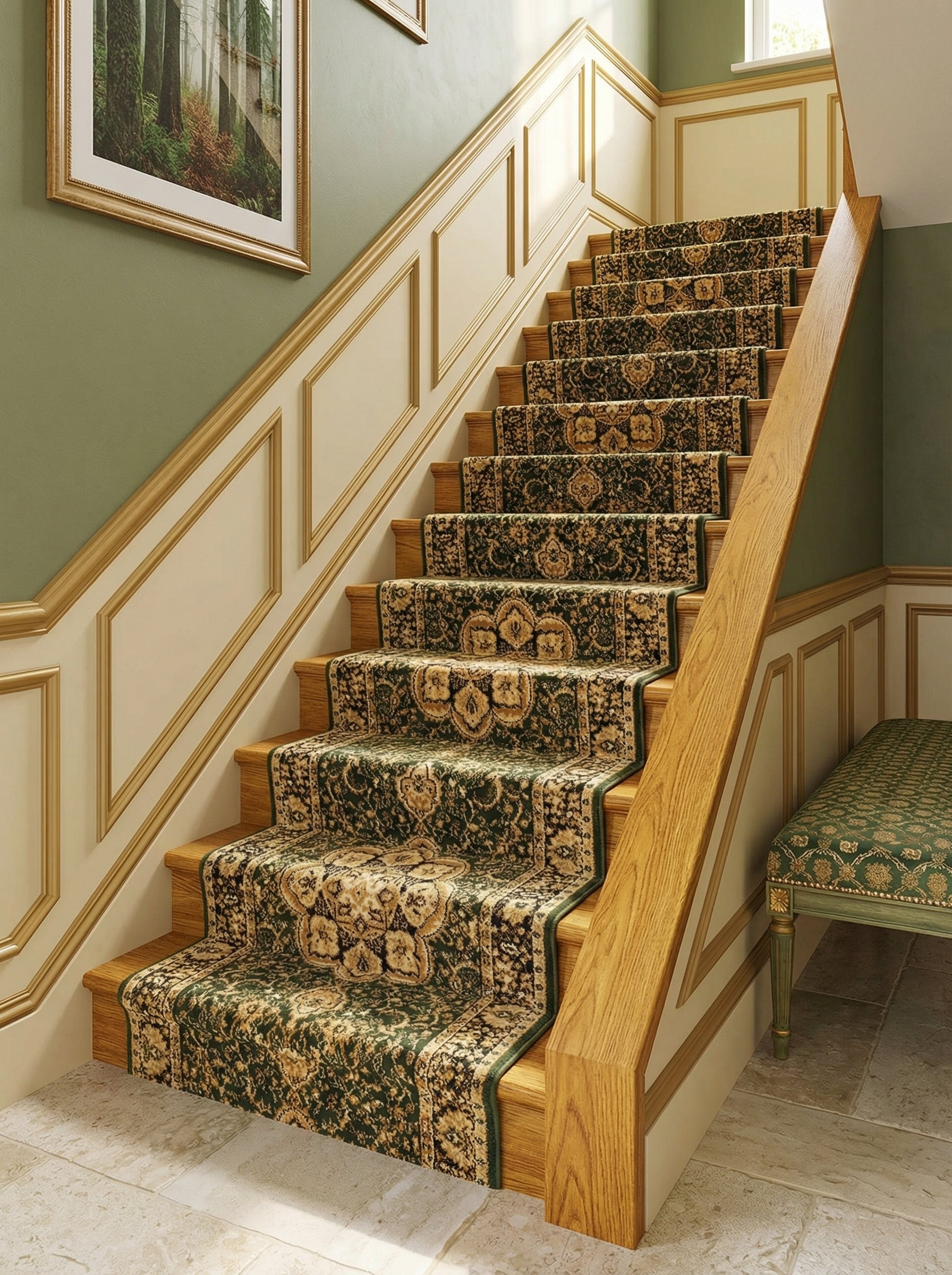 Tapis d'escalier vert foncé et or à motifs floraux et médaillons ornementaux, posé sur un escalier en bois dans un hall d'entrée