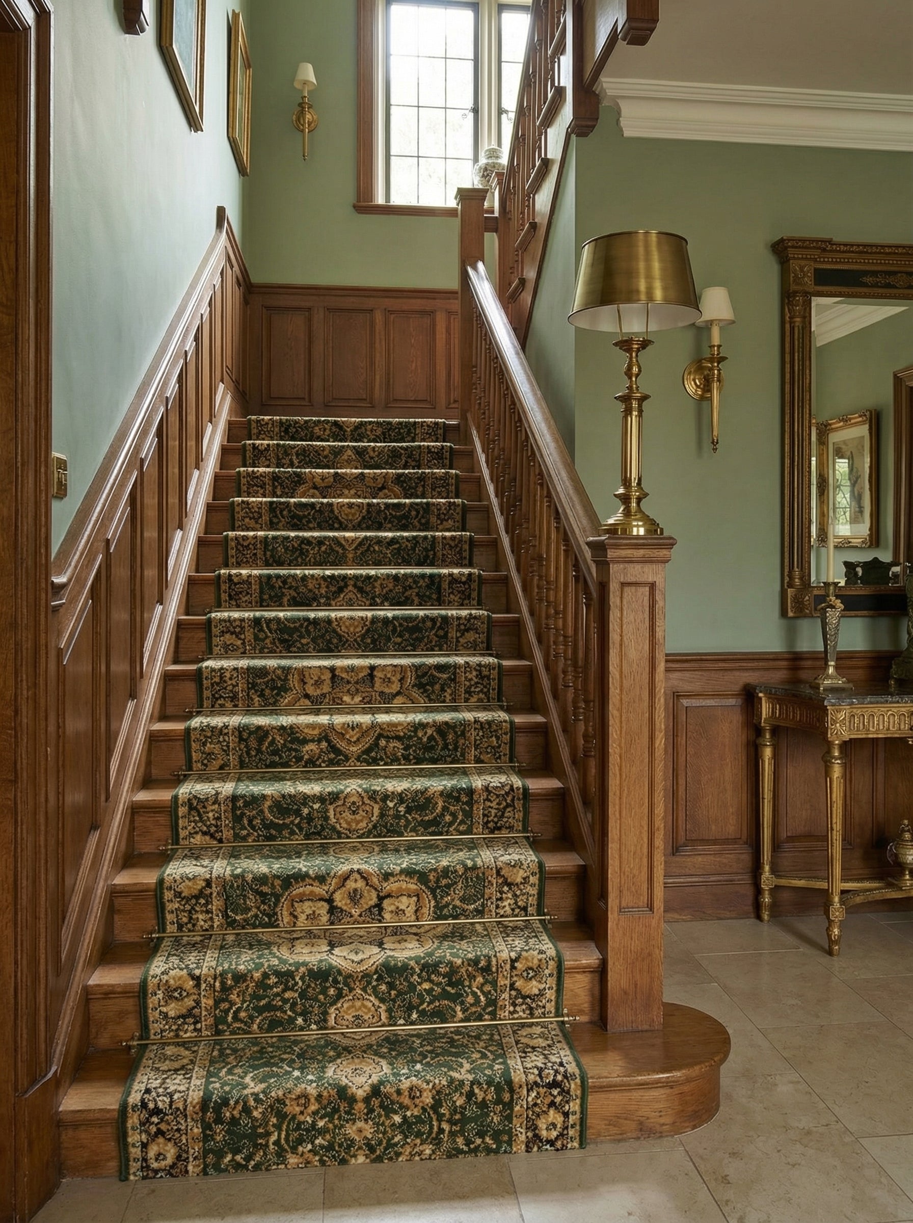 Tapis d'escalier vert foncé à motifs floraux beiges et or, fixé par des barres laiton, sur marches bois d'un hall