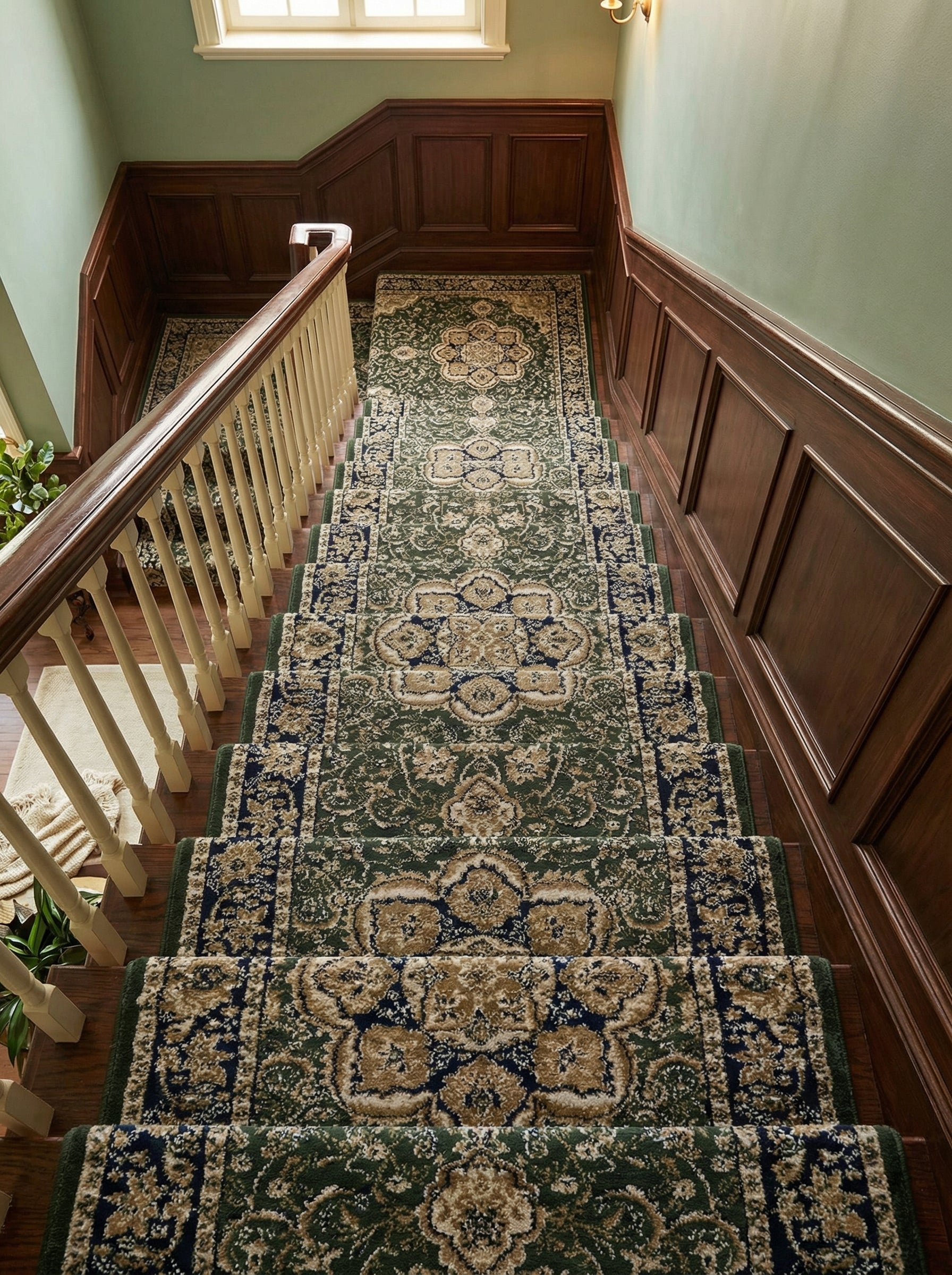 Tapis d'escalier vert forêt, motifs floraux bleu marine et beige doré, sur des marches en bois d'une cage d'escalier