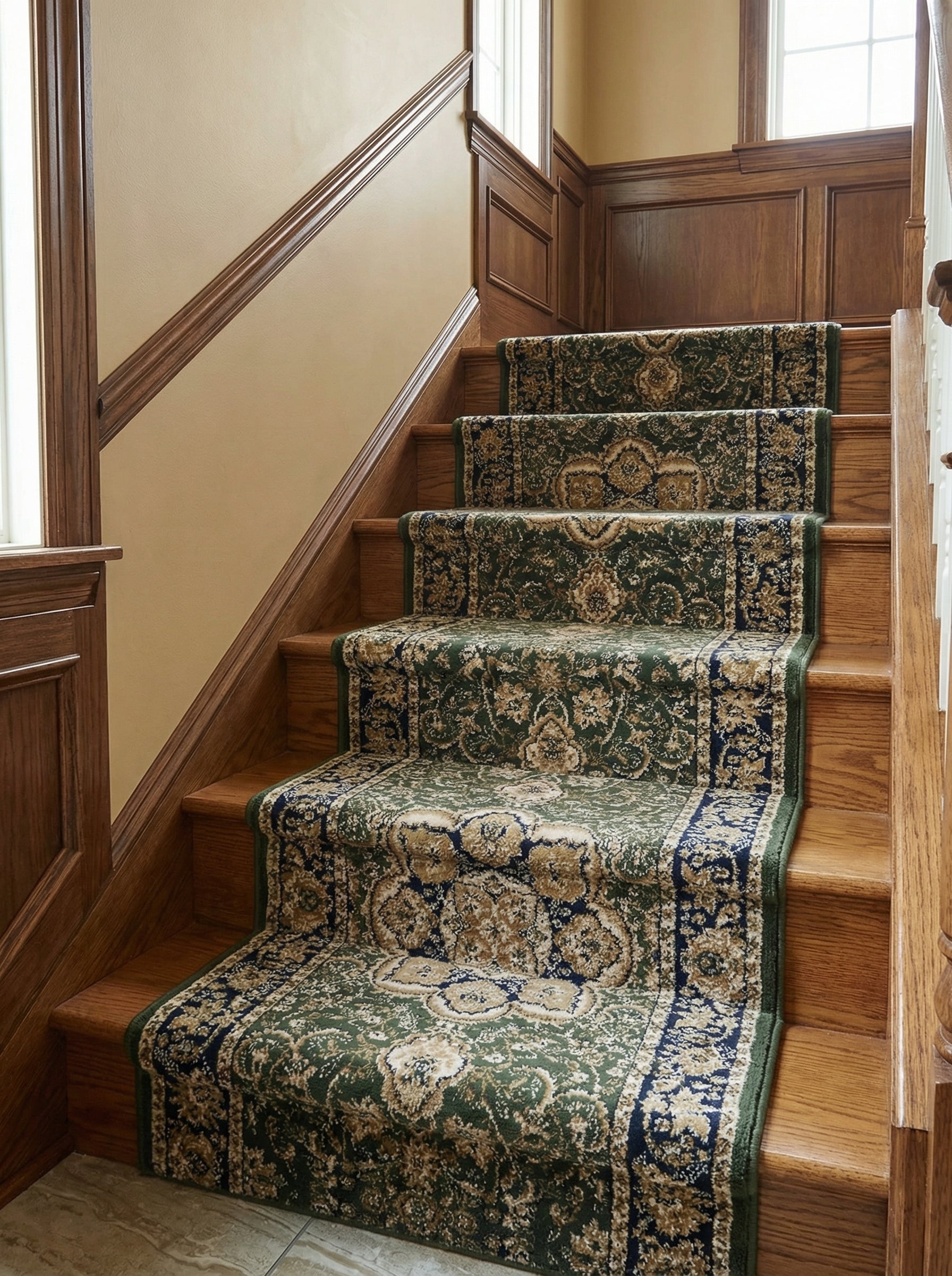 Tapis d'escalier vert foncé avec motifs classiques crème et bleu marine, installé sur des marches en bois d'une cage d'escalier
